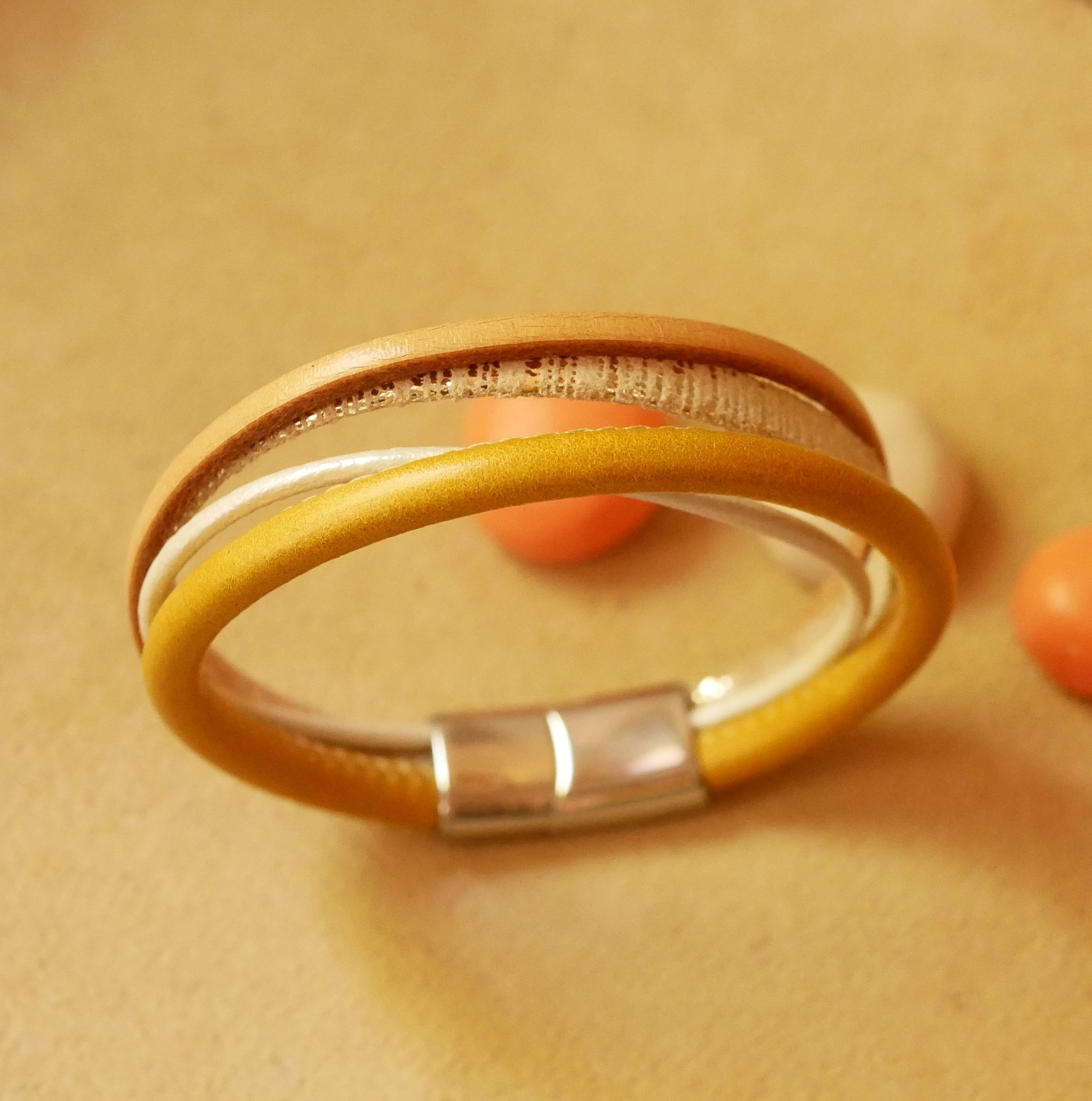 Beige and Gold multi-leather cuff bracelet