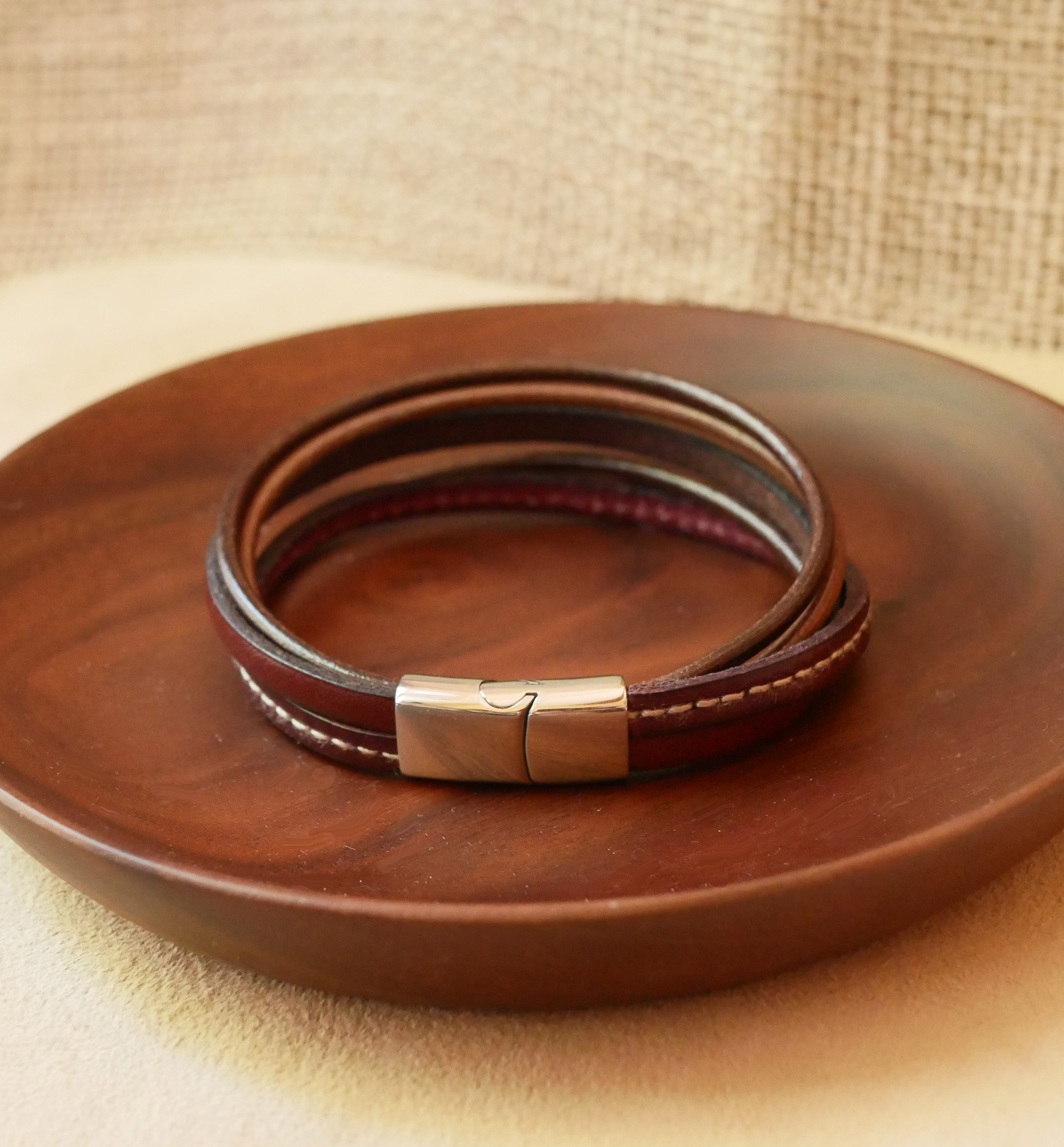 Men's brown multi-leather cuff bracelet