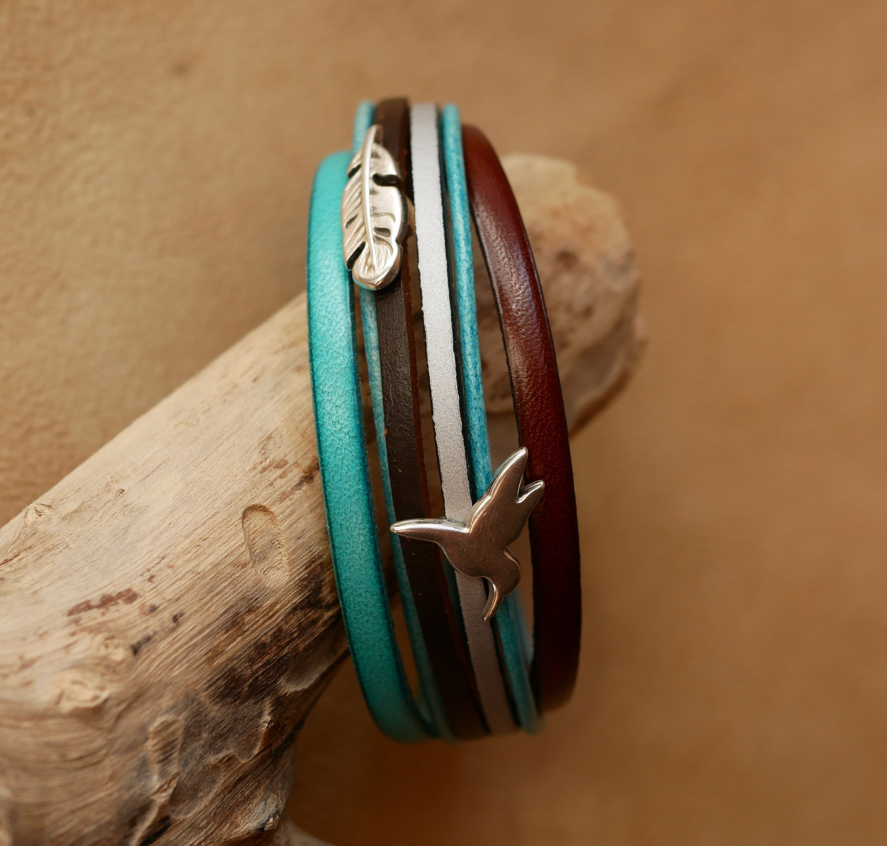 Turquoise and brown multi-leather cuff bracelet with 2 silver-plated loops