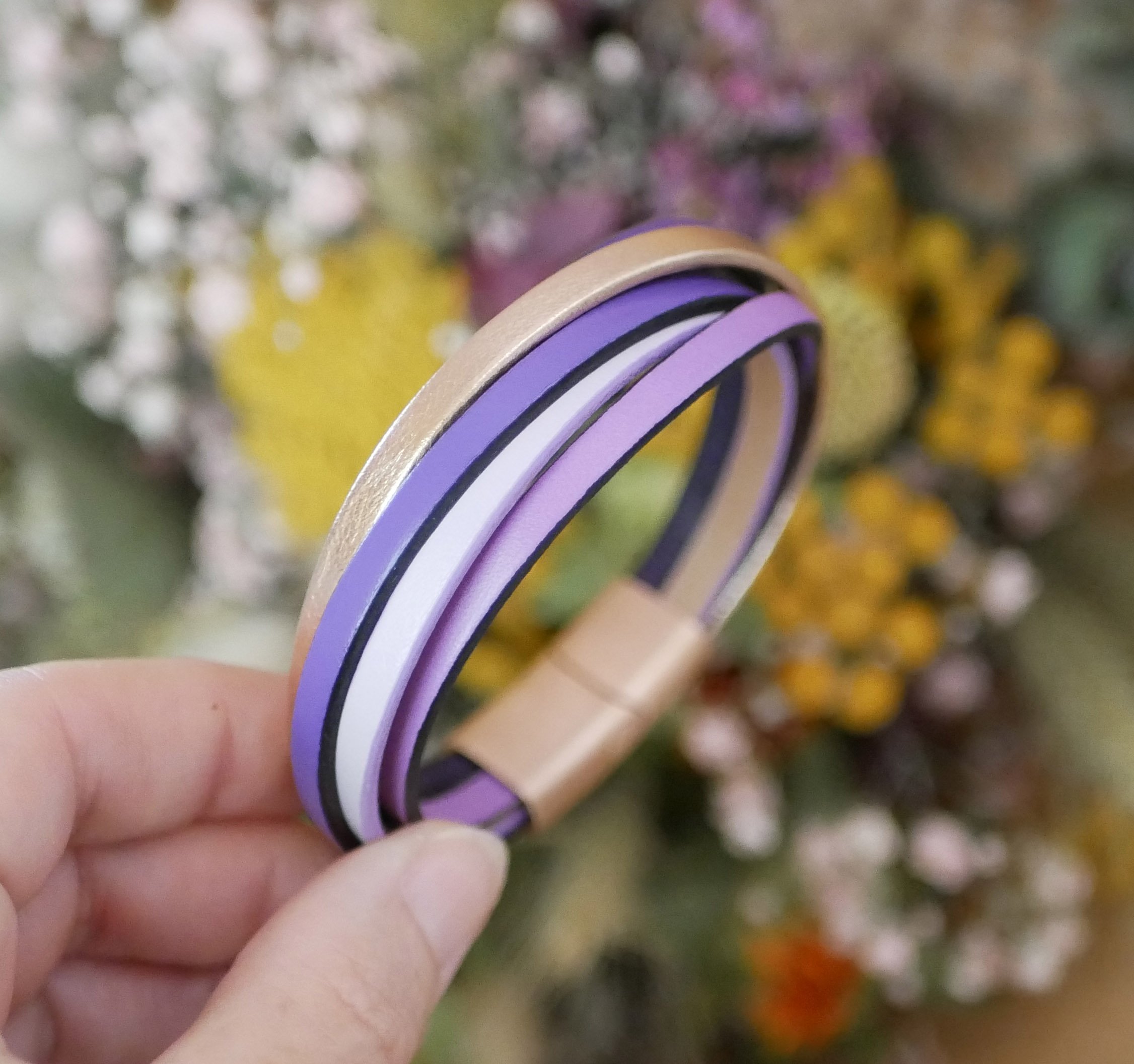 Purple &amp; rose gold multi-leather cuff bracelet