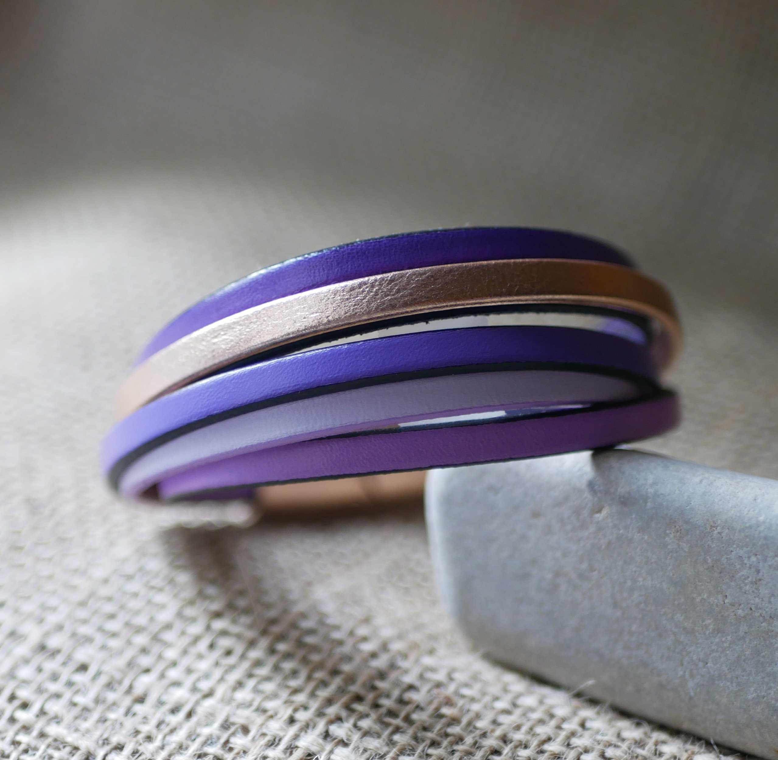 Purple &amp; rose gold multi-leather cuff bracelet