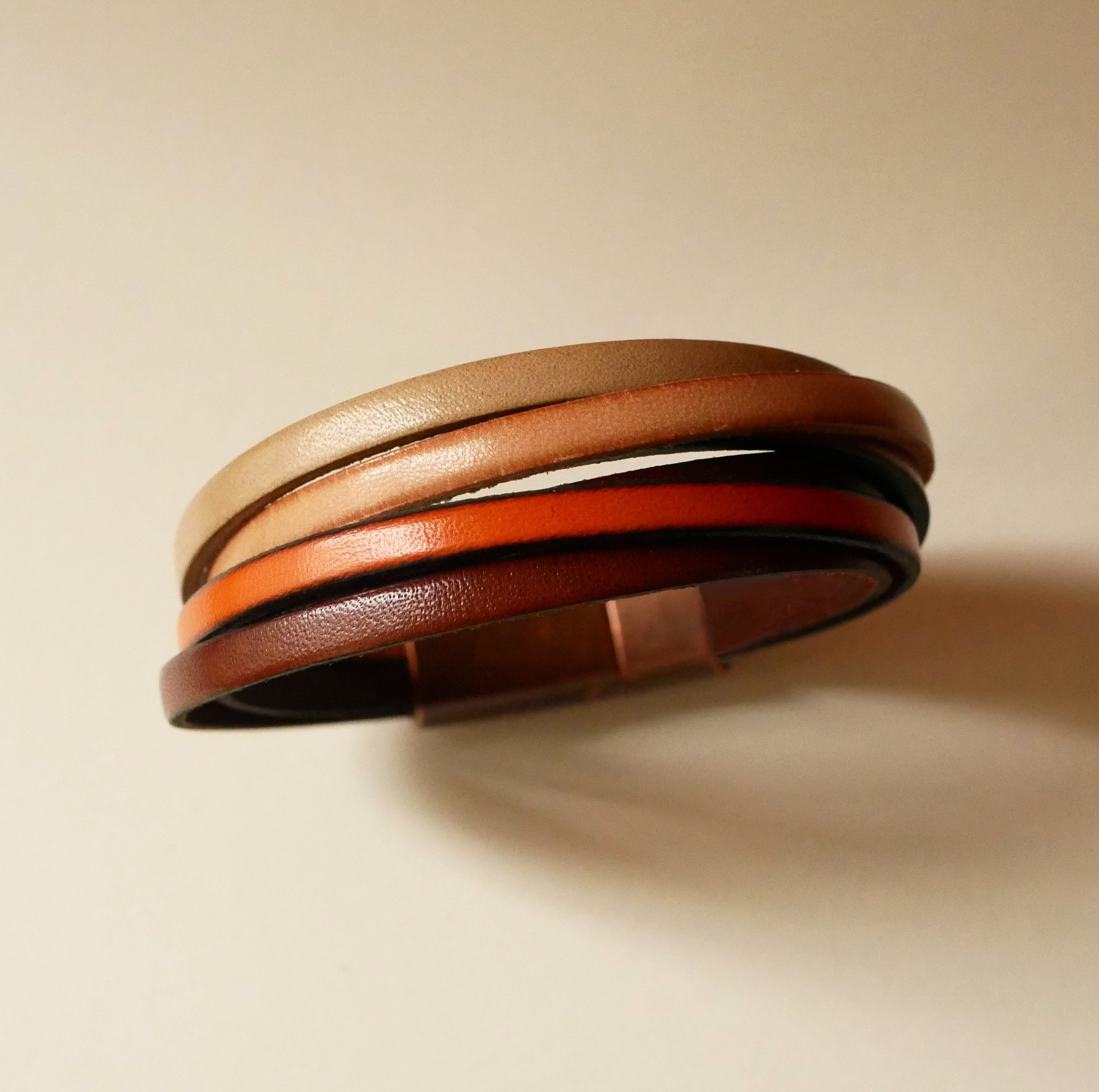 Ochre-colored multi-leather cuff bracelet