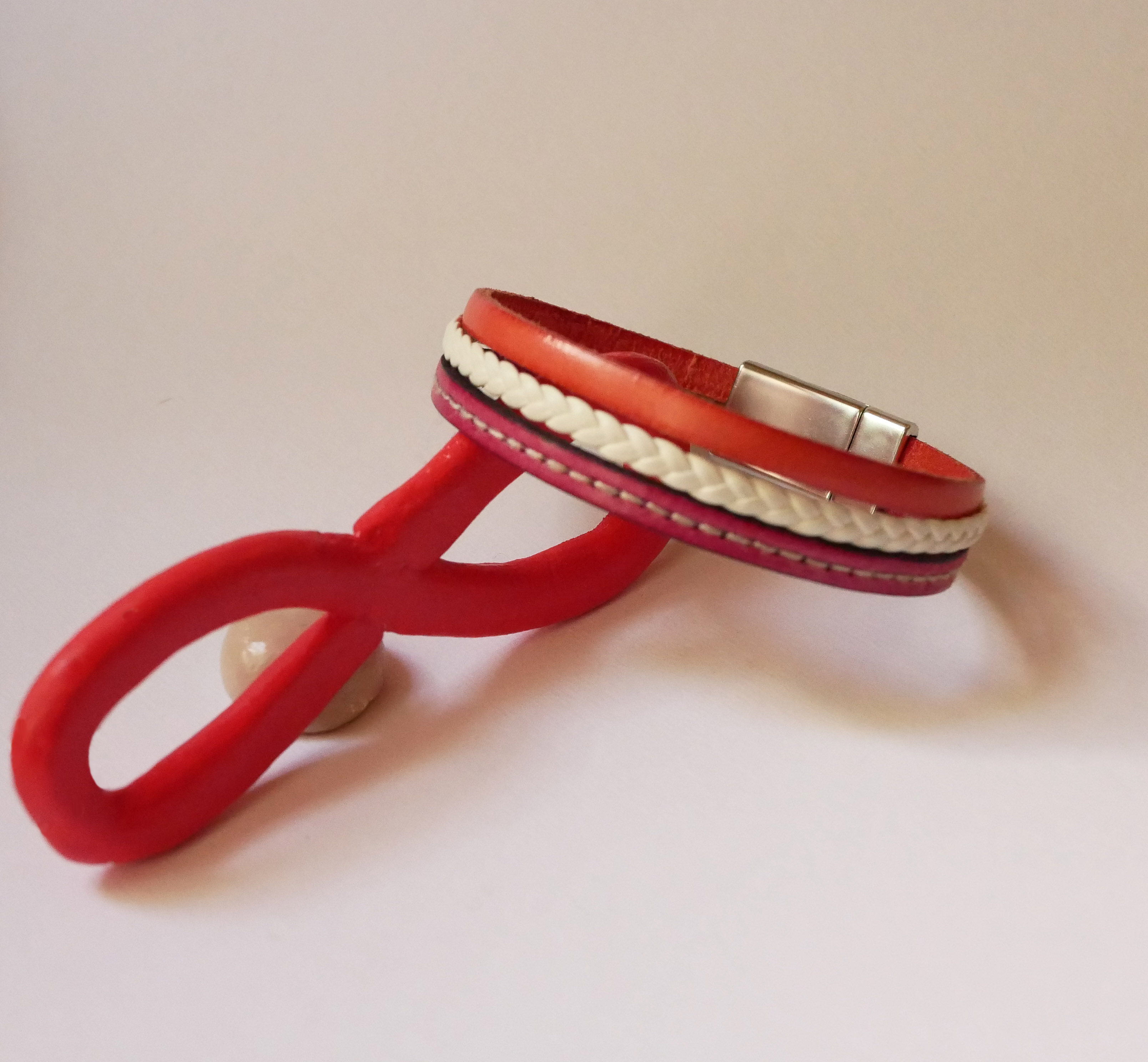 White and Coral multi-leather braided cuff bracelet