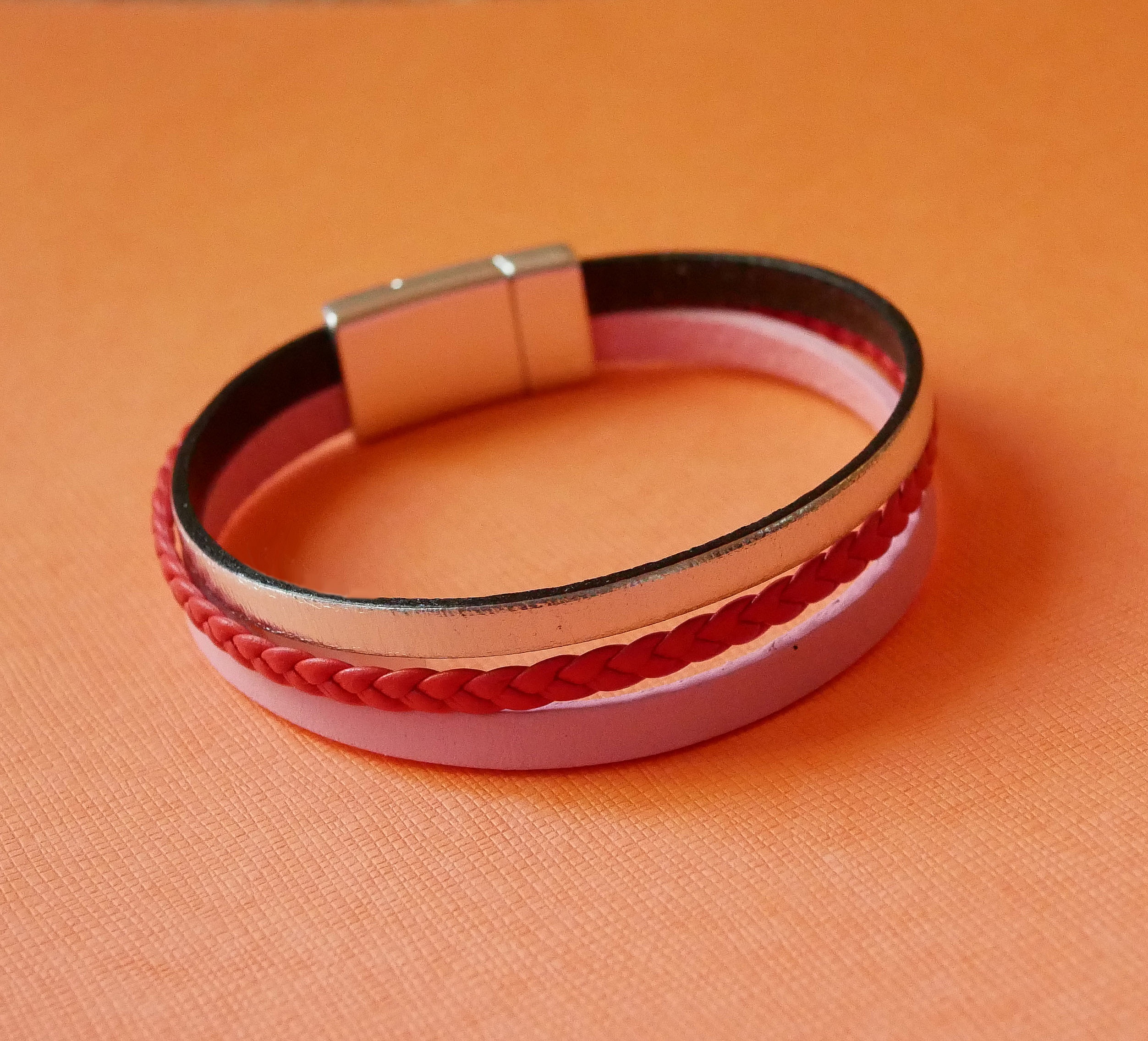 Coral red braided multi-leather cuff bracelet with silver and pink leather