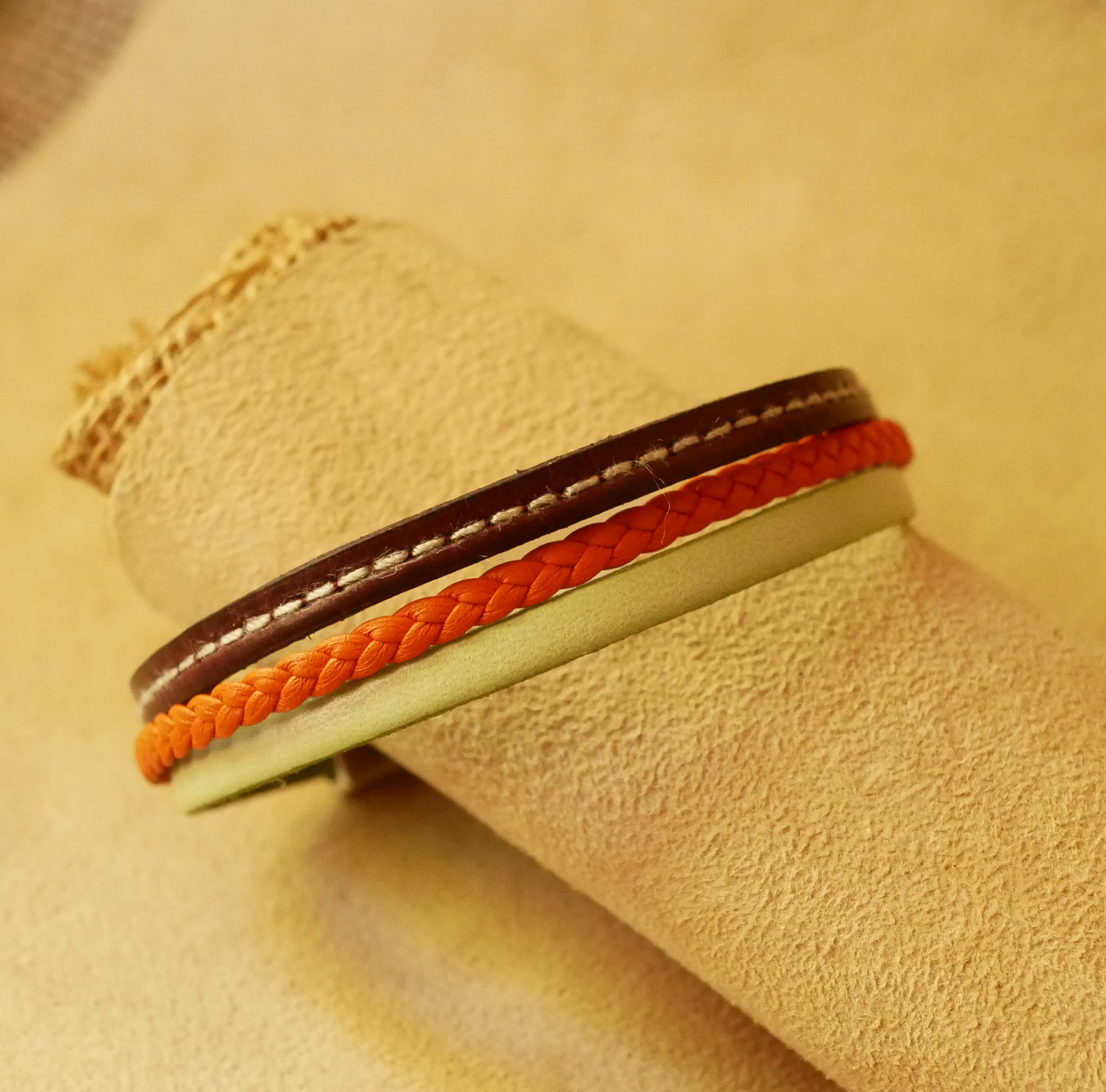 Multi-leather cuff bracelet Almond, braided Orange and stitched Bordeaux