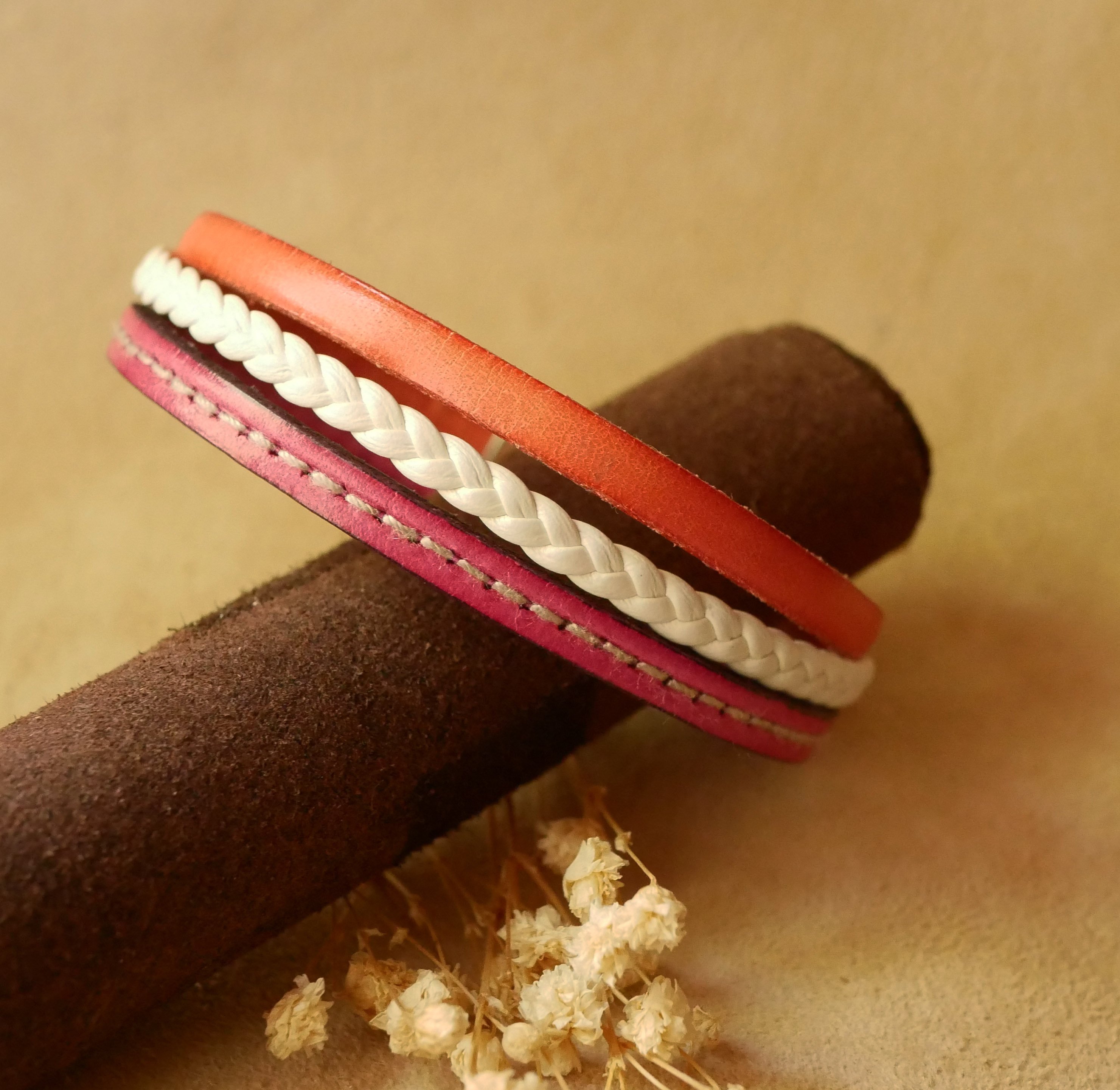 White and Coral multi-leather braided cuff bracelet