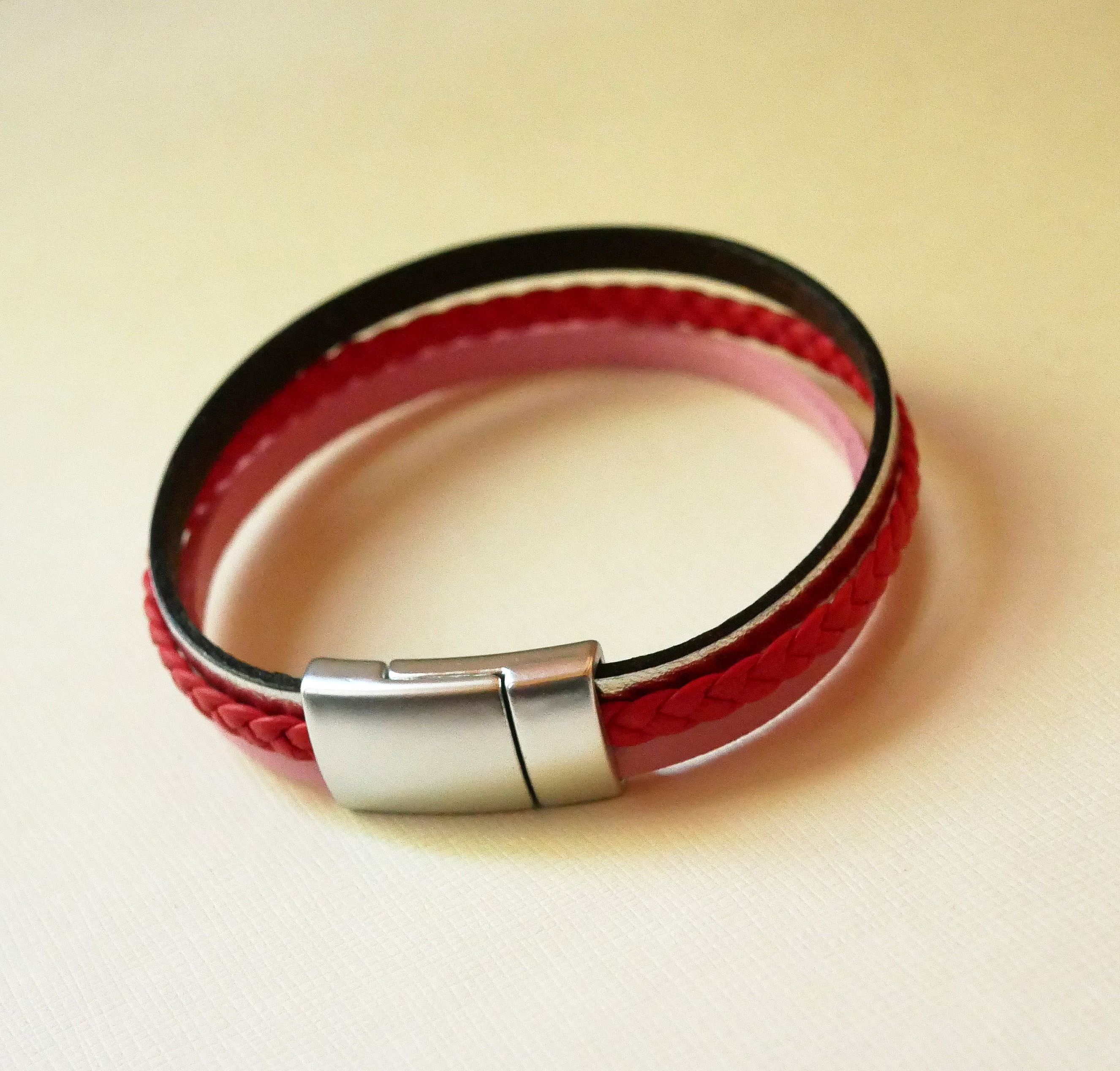 Coral red braided multi-leather cuff bracelet with silver and pink leather