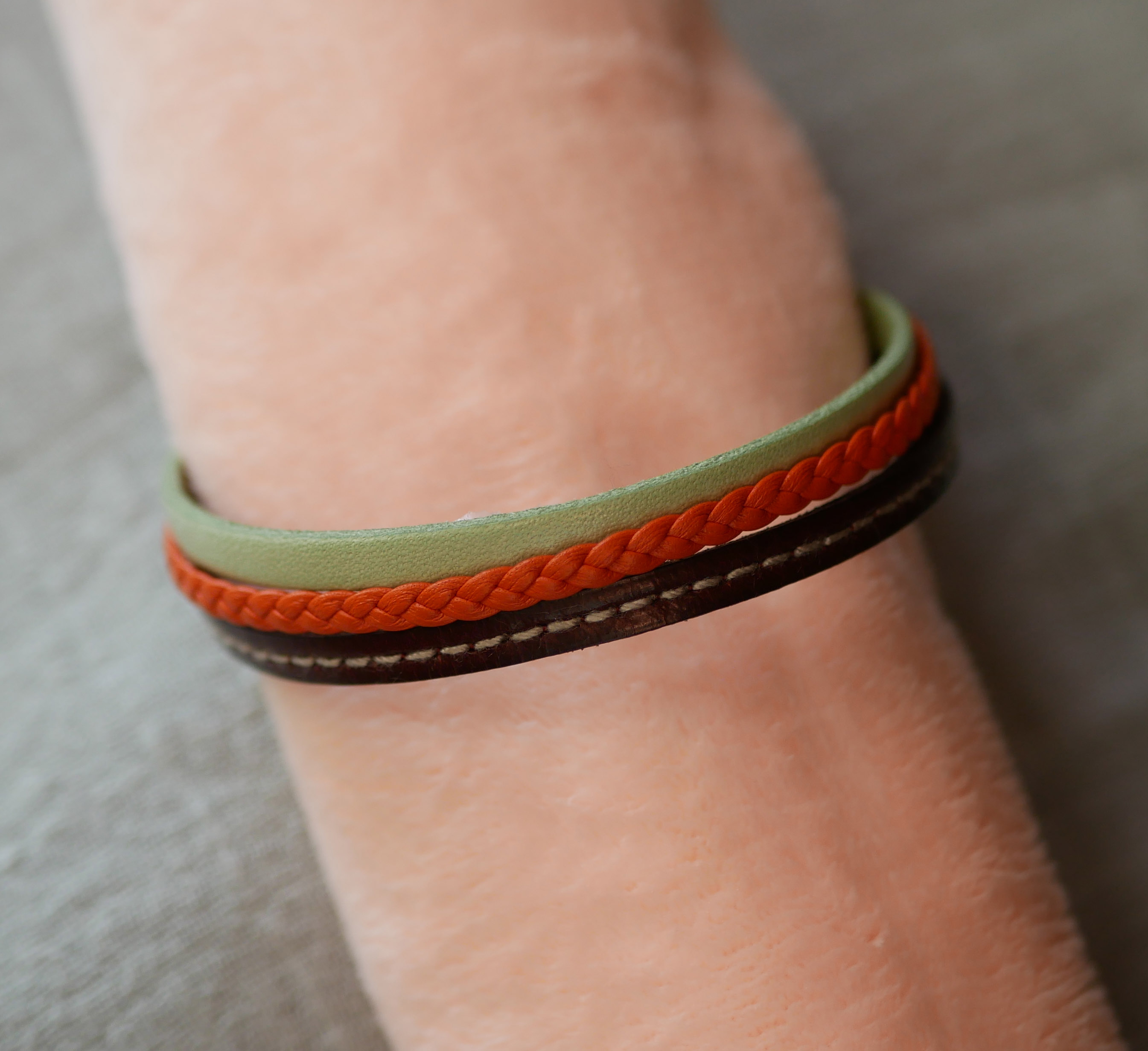 Multi-leather cuff bracelet Almond, braided Orange and stitched Bordeaux