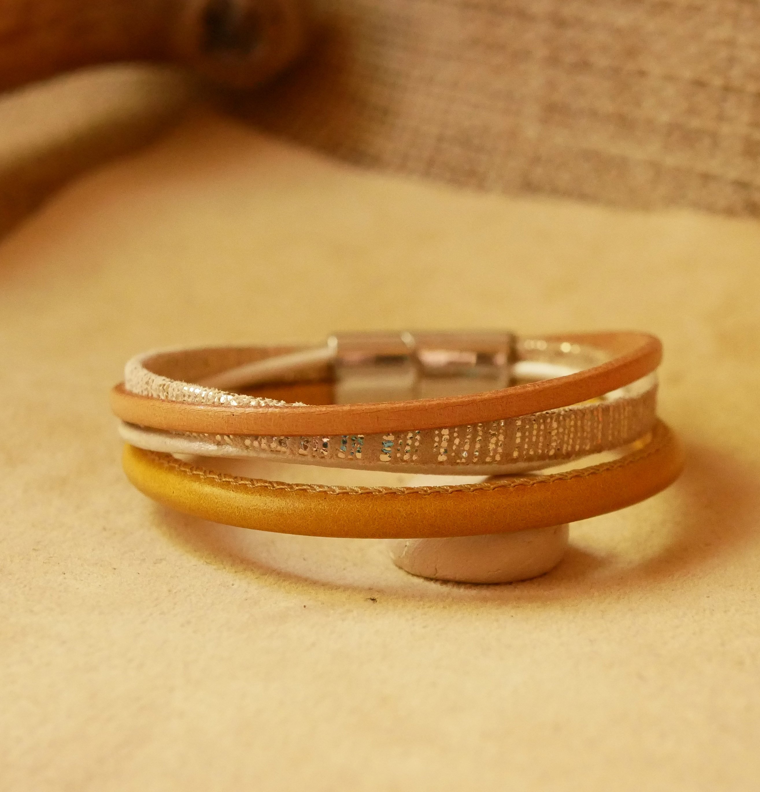 Beige and Gold multi-leather cuff bracelet