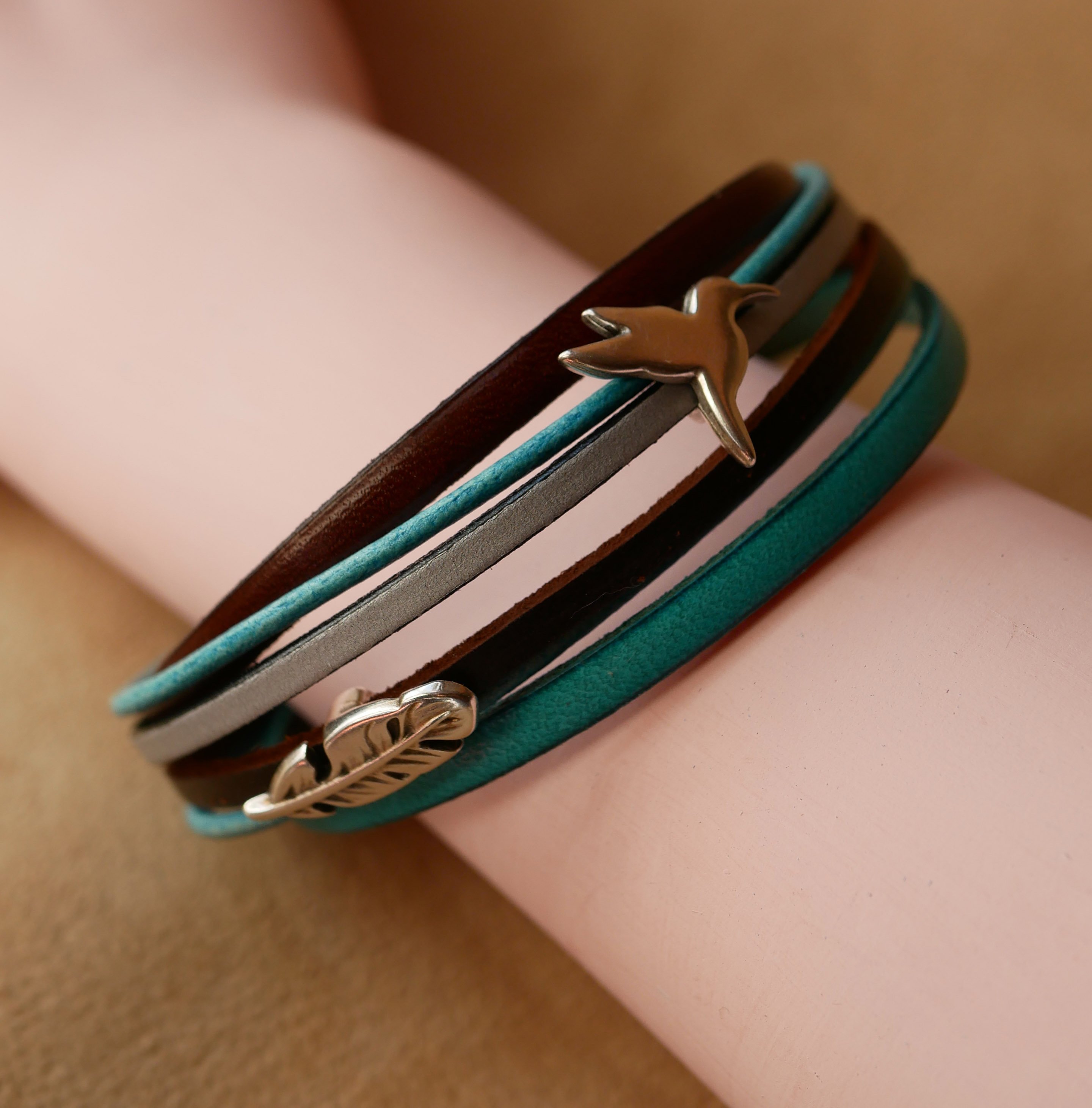 Turquoise and brown multi-leather cuff bracelet with 2 silver-plated loops