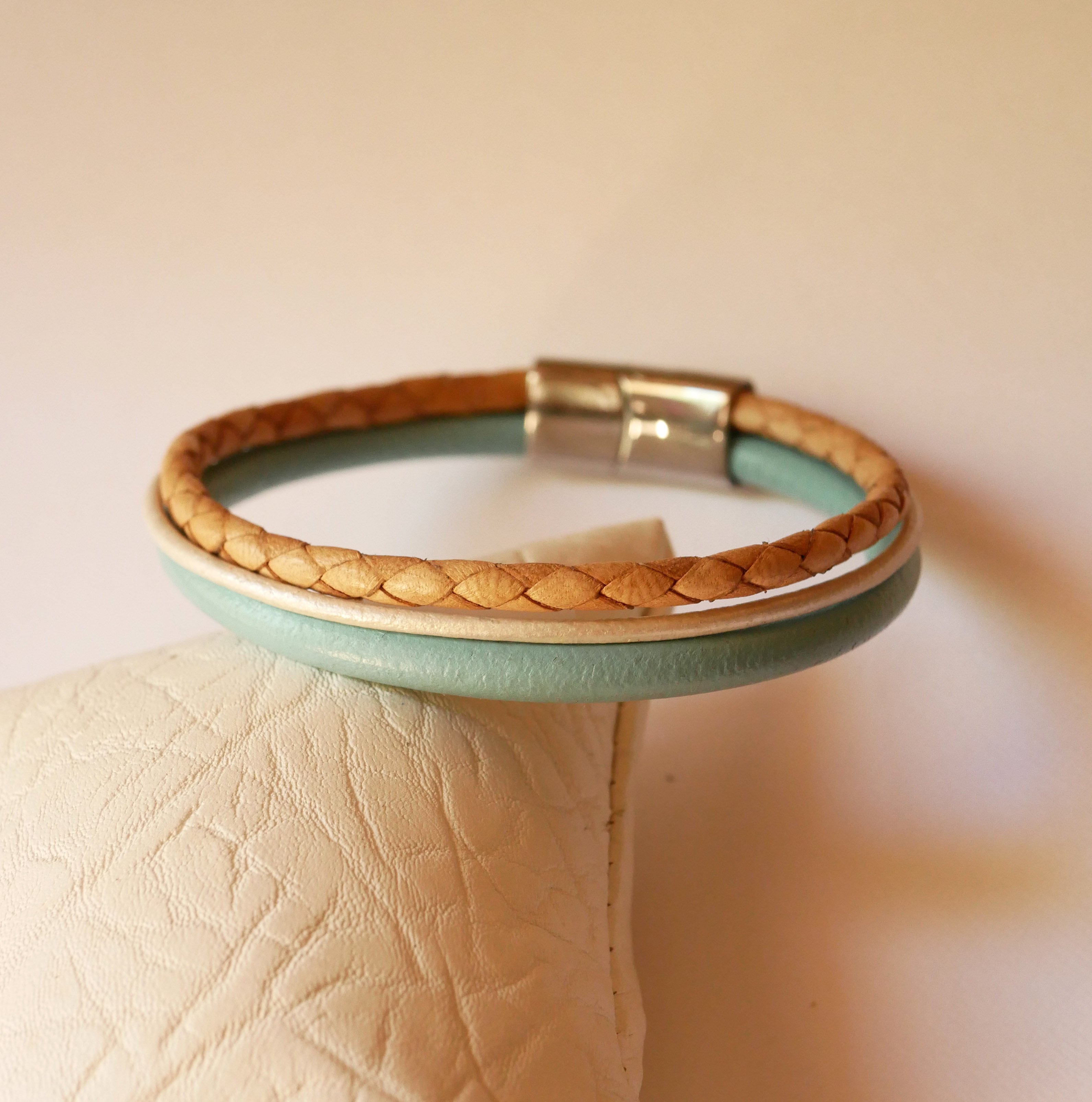 Beige and Turquoise multi-leather cuff bracelet