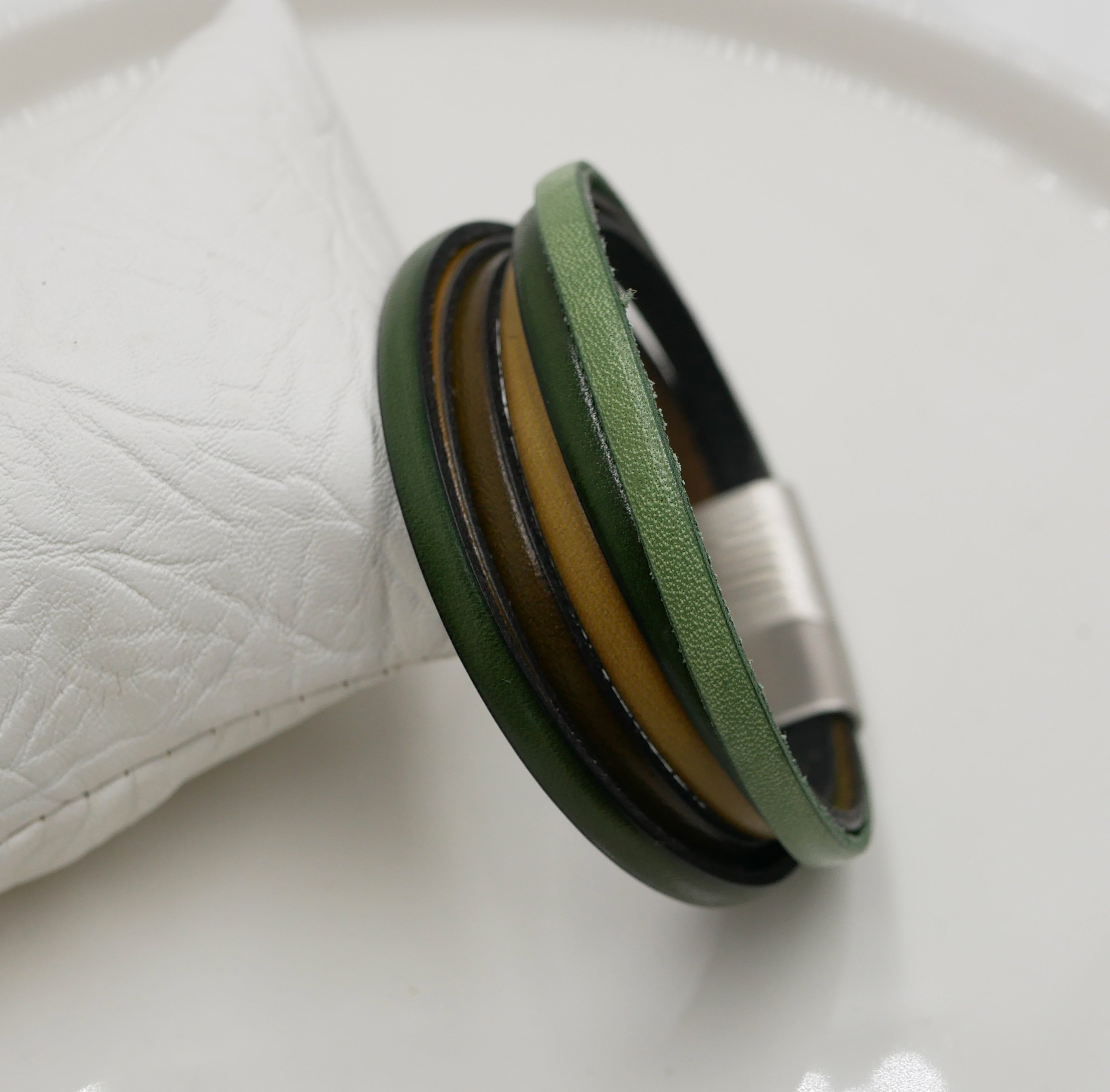 Multi-leather cuff bracelet in shades of green