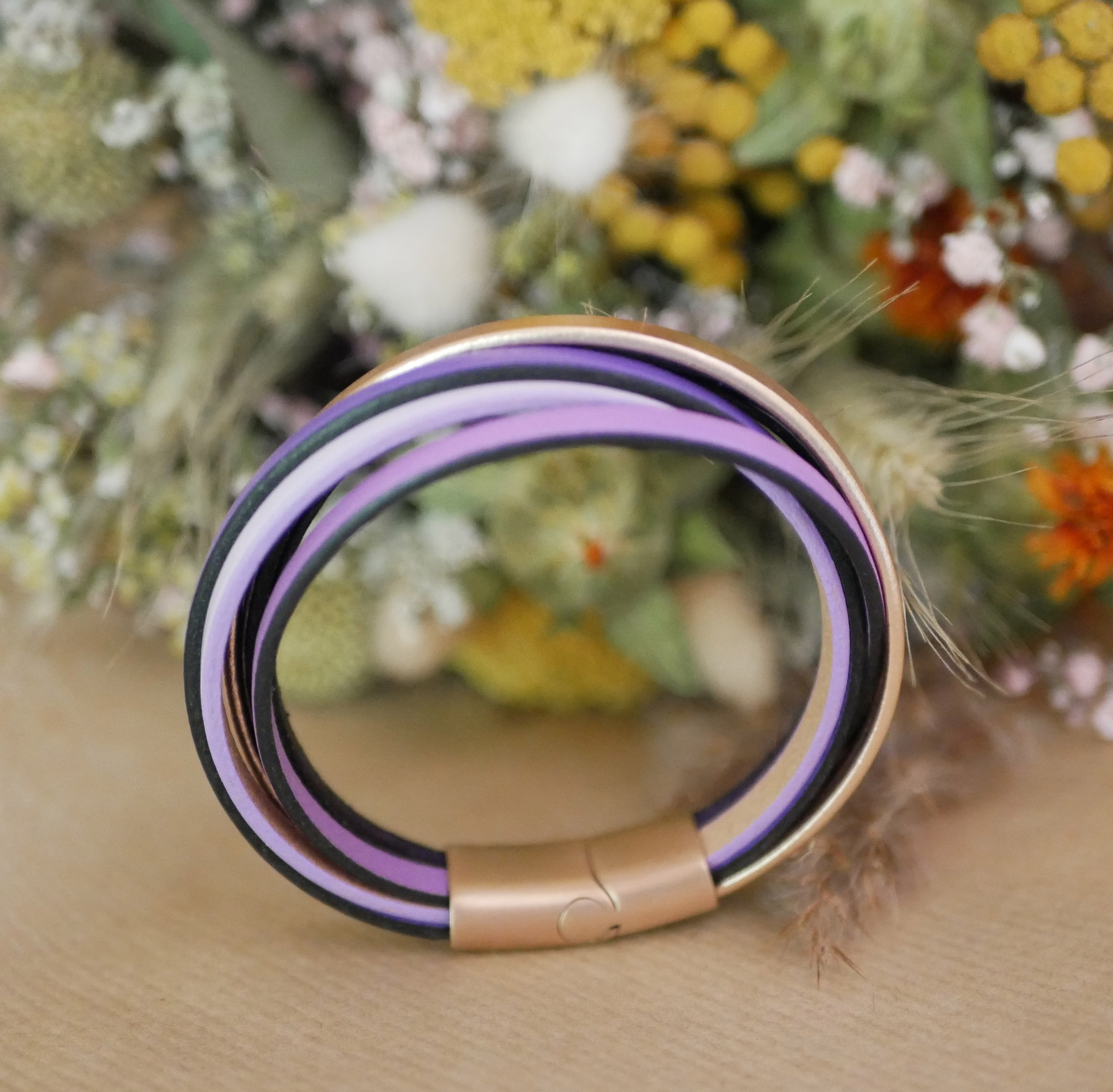 Purple &amp; rose gold multi-leather cuff bracelet