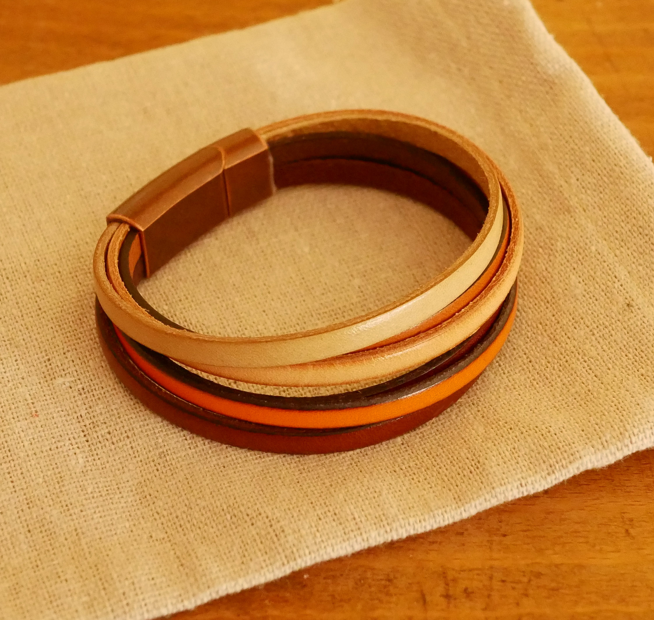 Ochre-colored multi-leather cuff bracelet