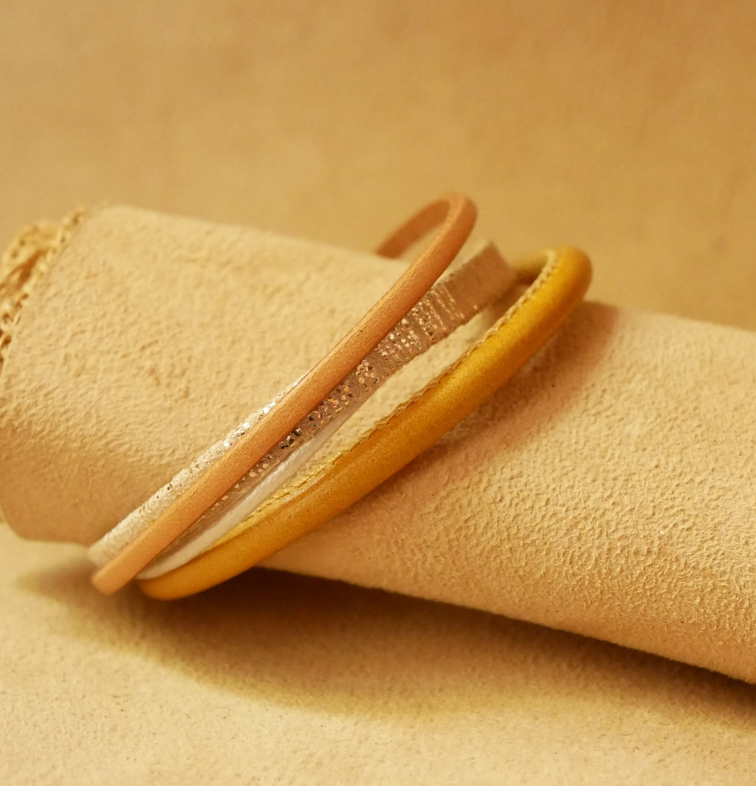 Beige and Gold multi-leather cuff bracelet