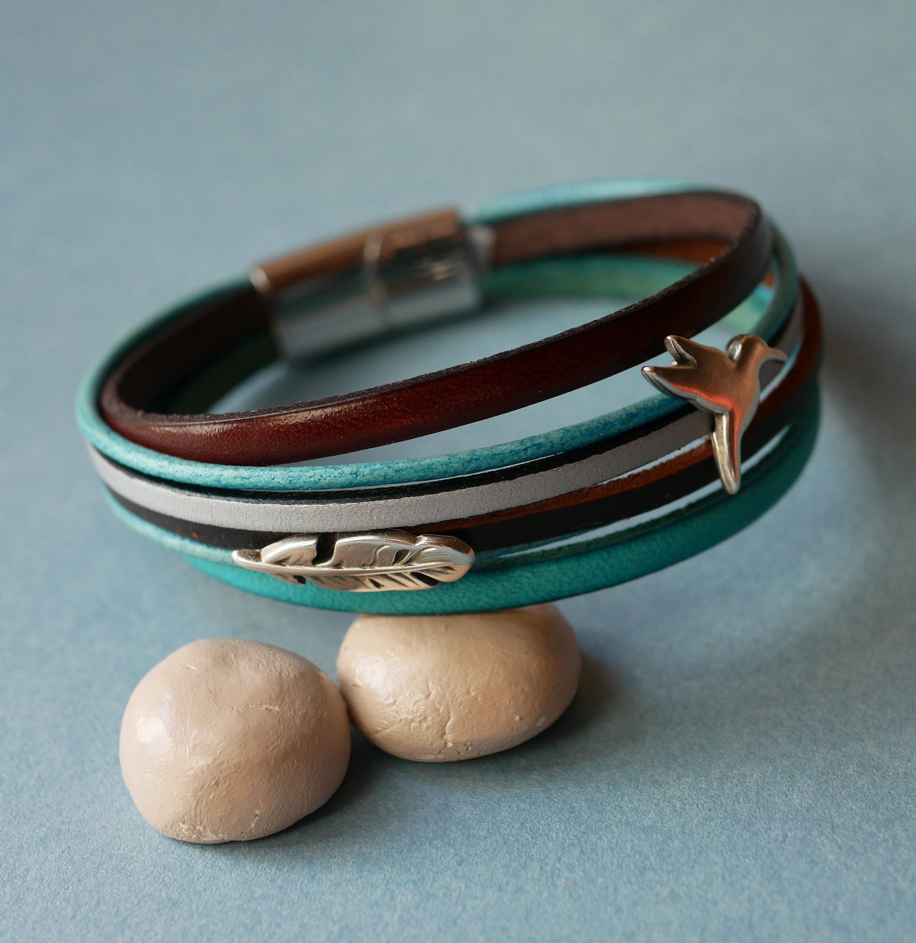 Turquoise and brown multi-leather cuff bracelet with 2 silver-plated loops