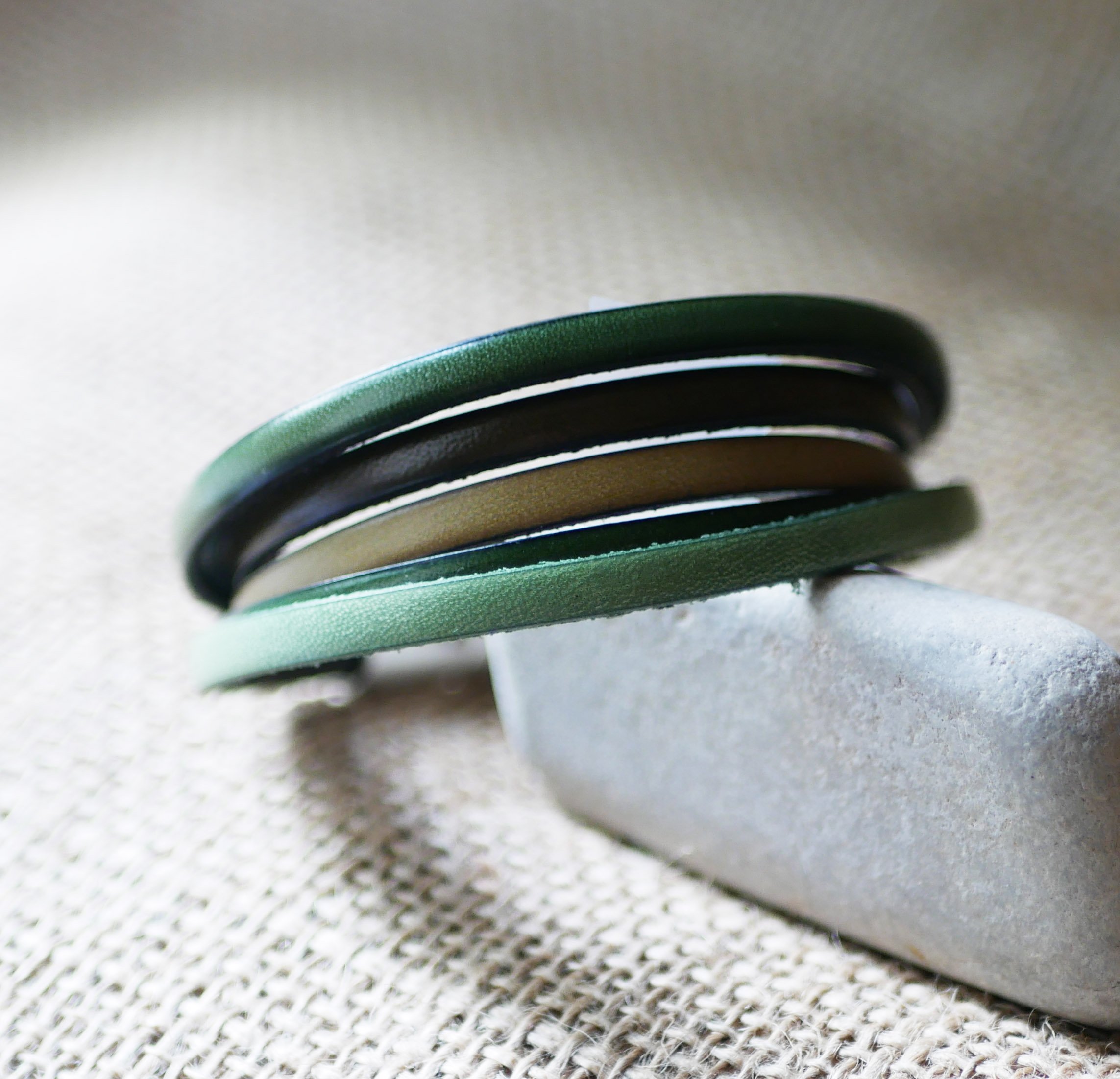 Multi-leather cuff bracelet in shades of green