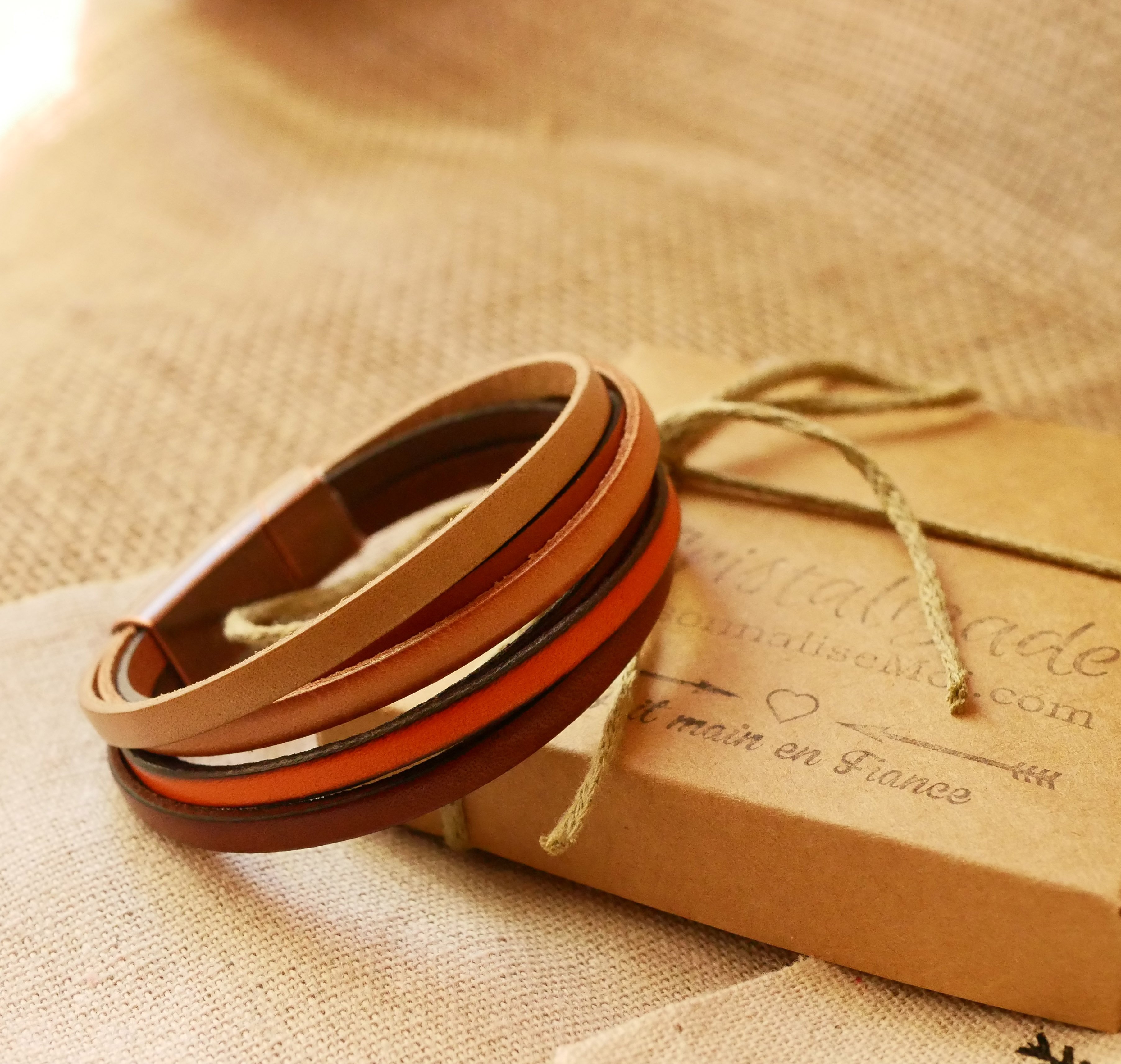 Ochre-colored multi-leather cuff bracelet