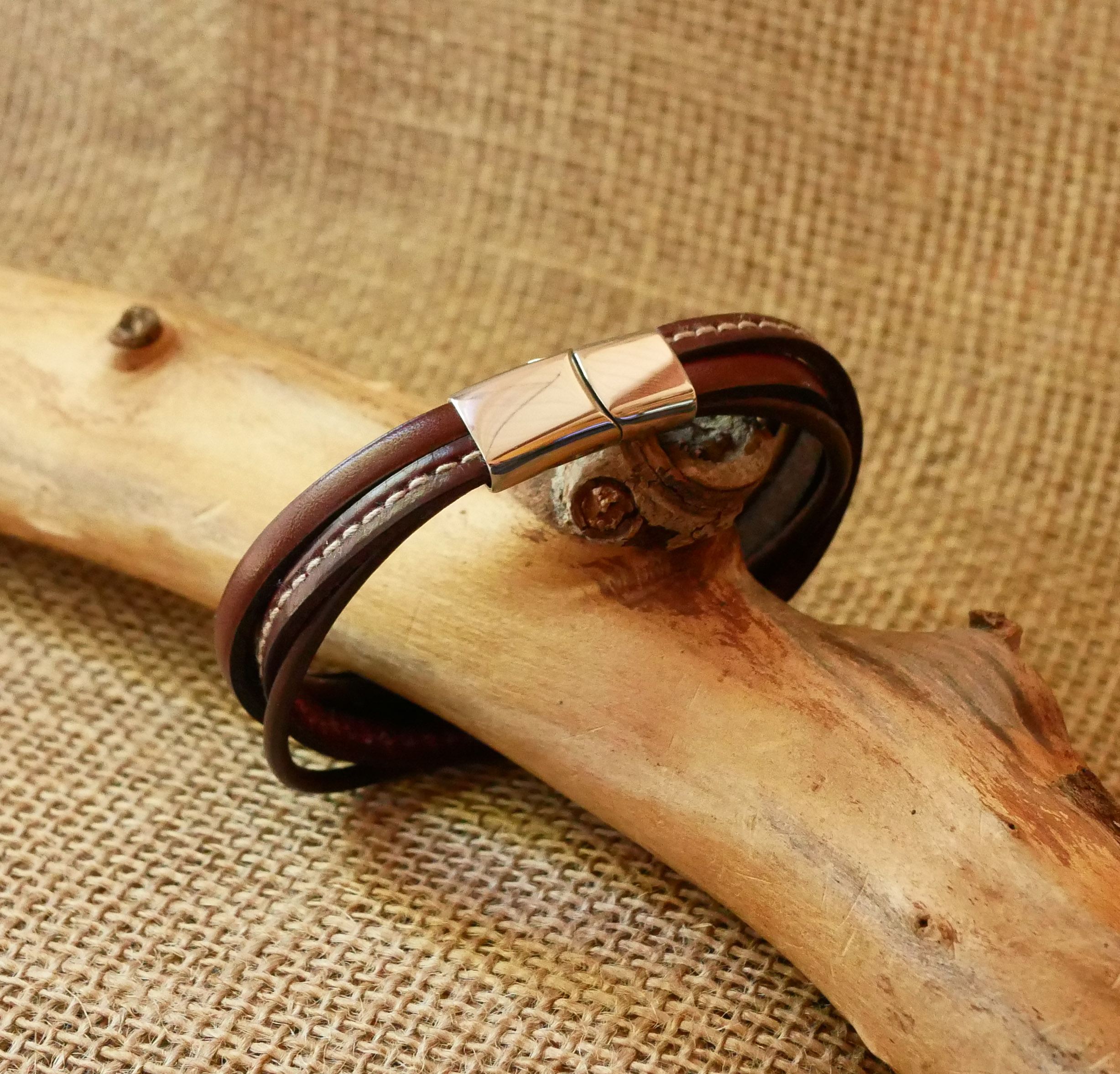 Men's brown multi-leather cuff bracelet