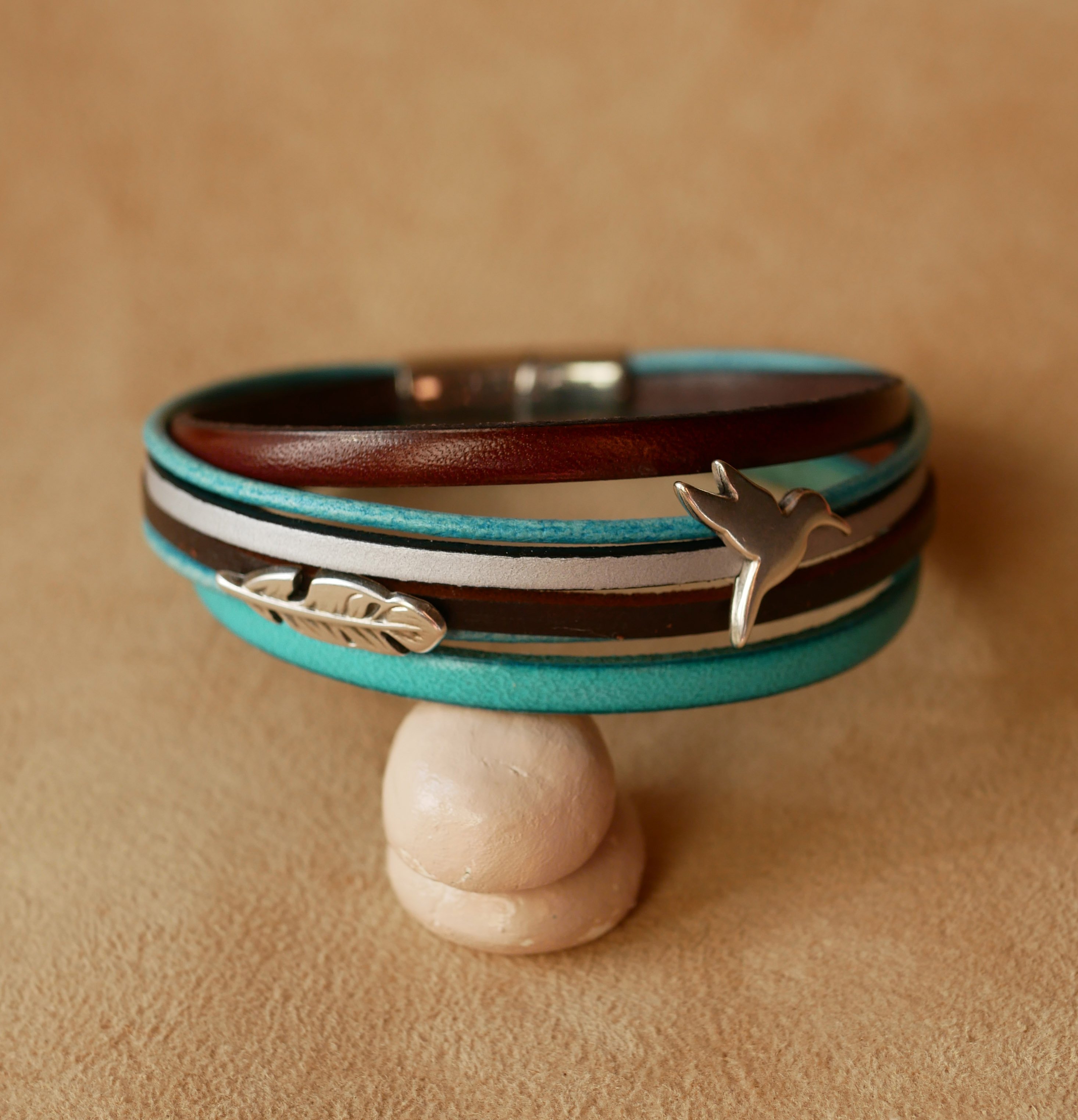 Turquoise and brown multi-leather cuff bracelet with 2 silver-plated loops