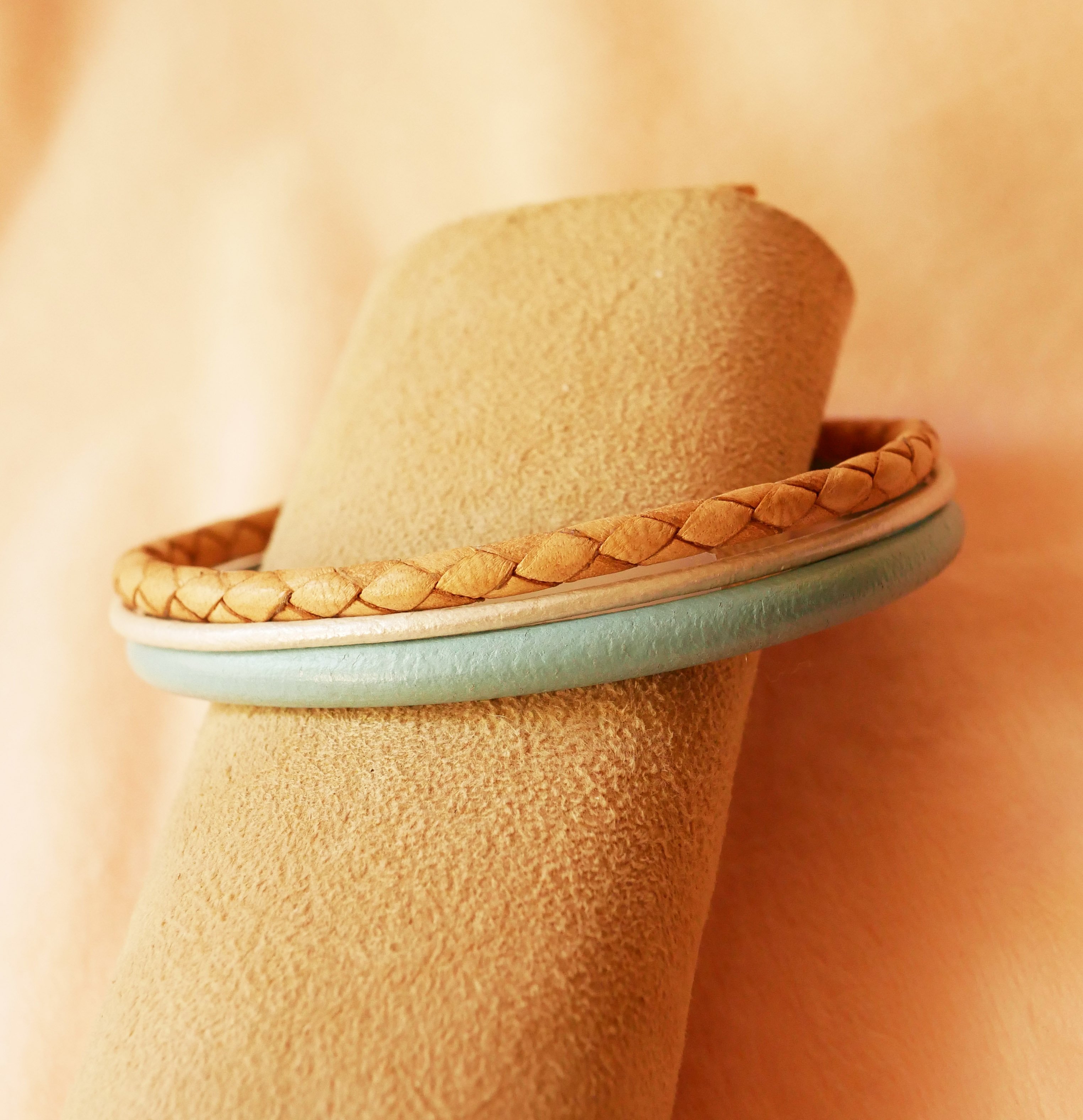 Beige and Turquoise multi-leather cuff bracelet