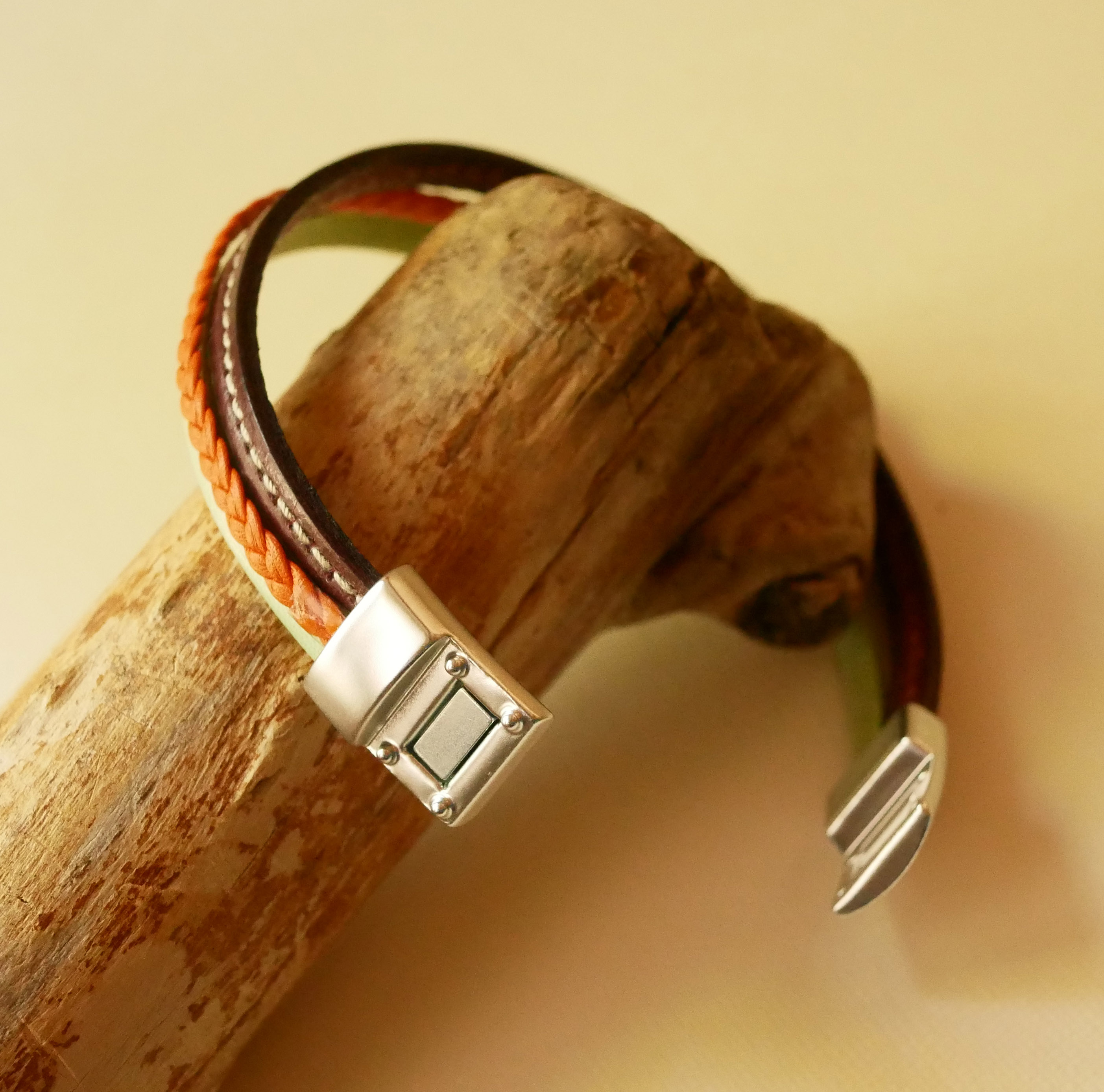 Multi-leather cuff bracelet Almond, braided Orange and stitched Bordeaux