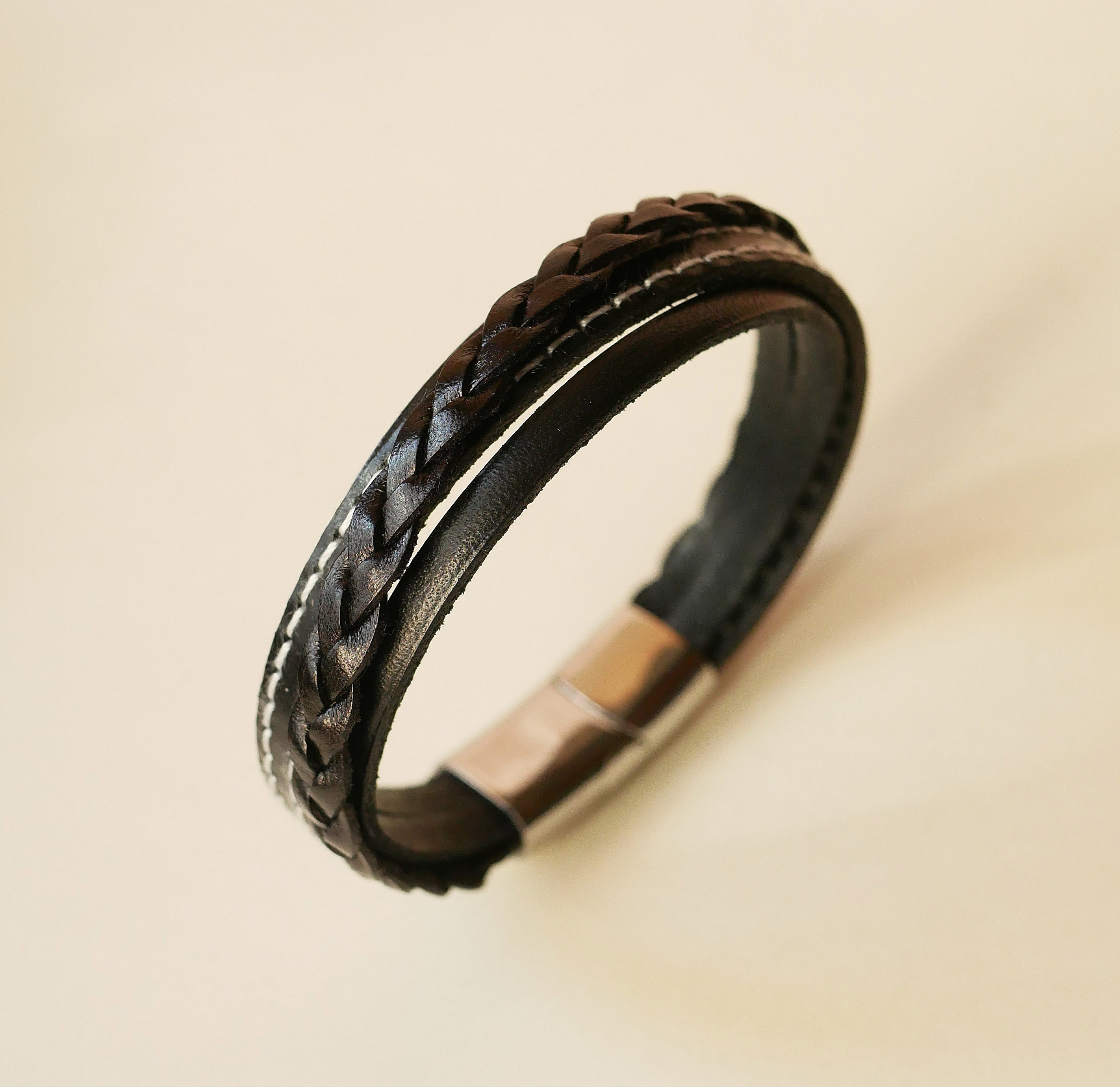 Men's black multi-leather cuff bracelet