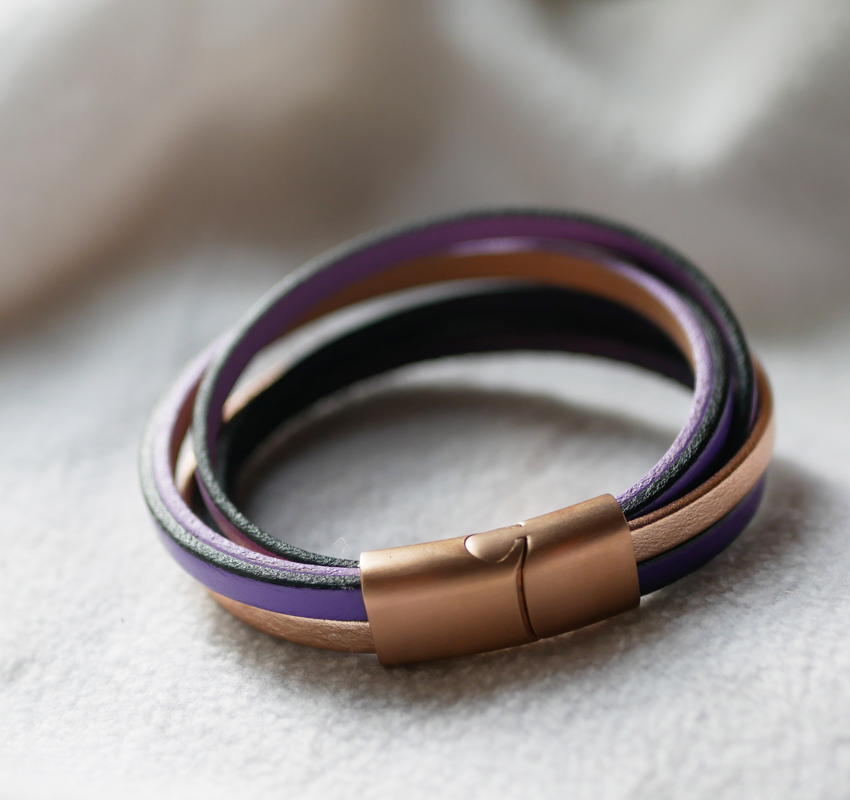 Purple &amp; rose gold multi-leather cuff bracelet