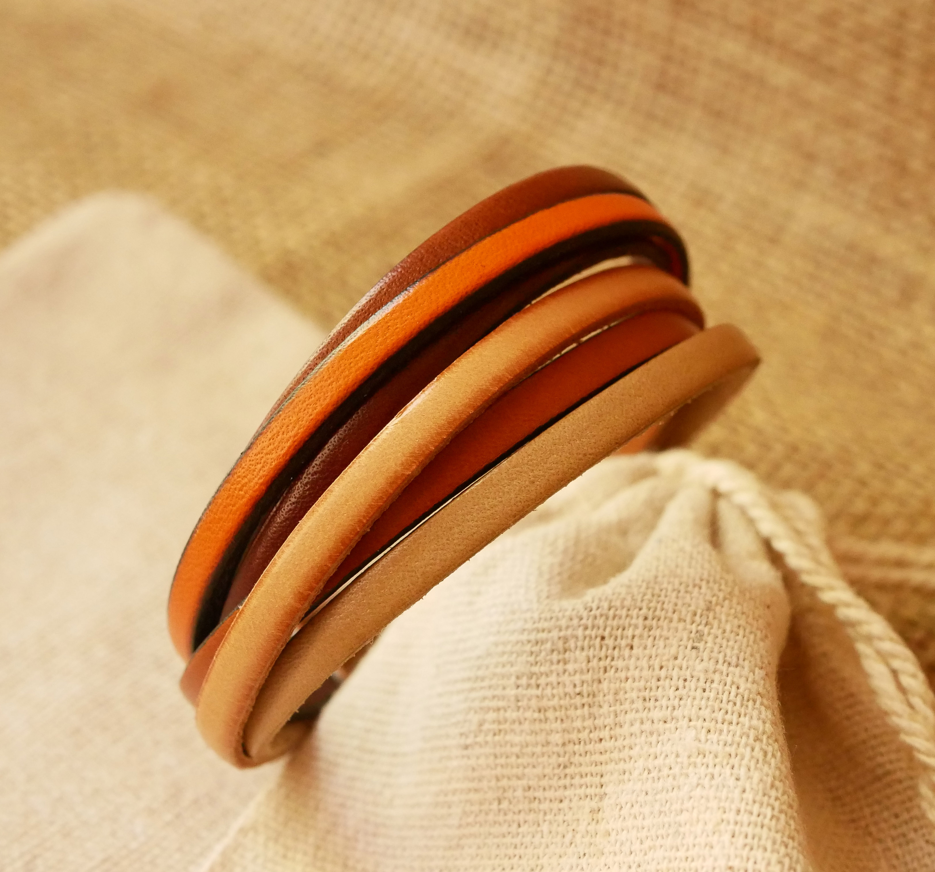 Ochre-colored multi-leather cuff bracelet