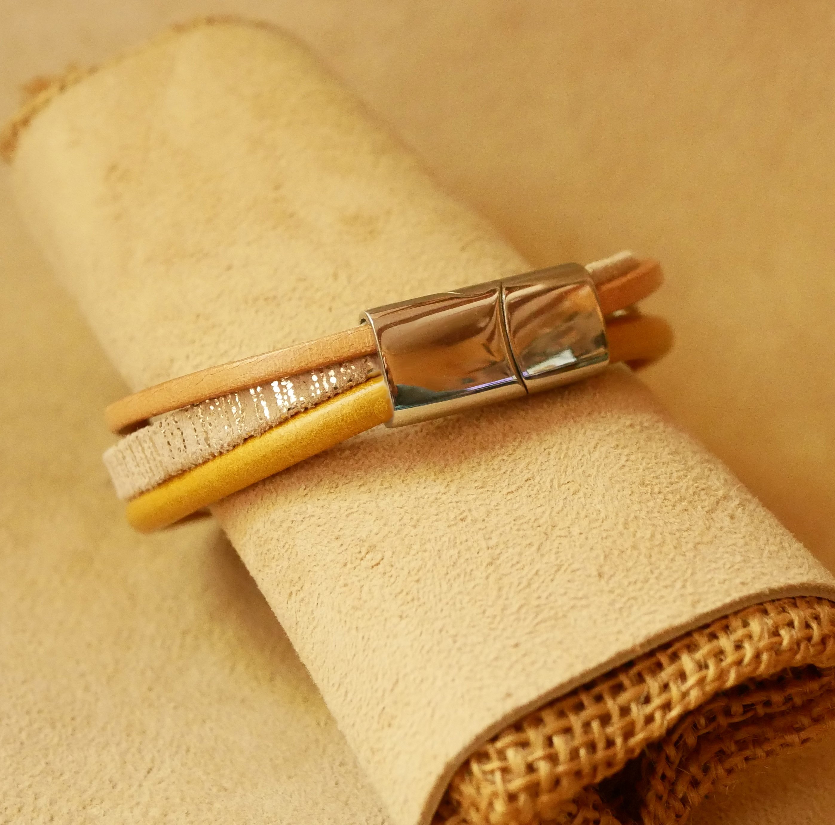 Beige and Gold multi-leather cuff bracelet