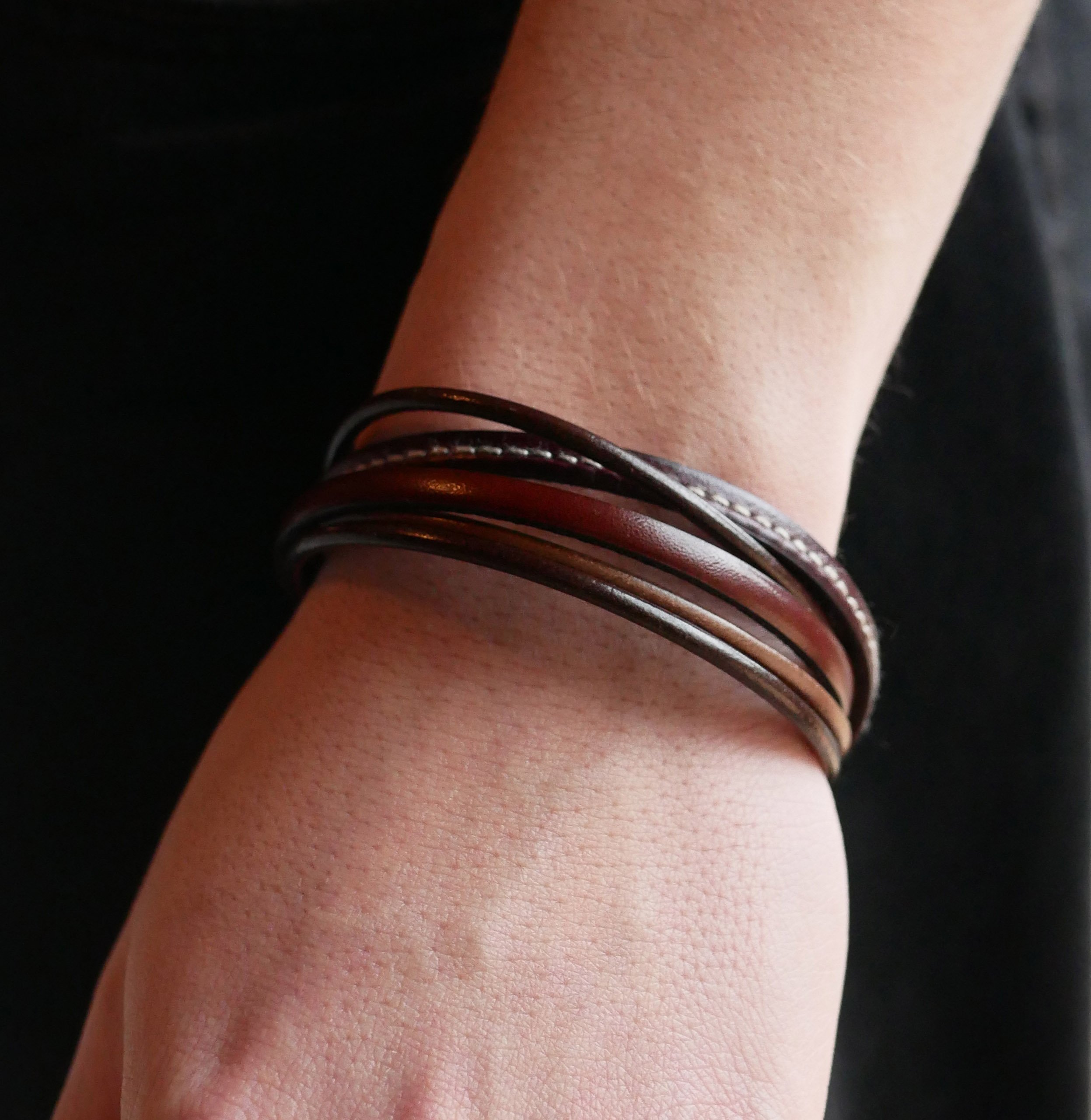 Men's brown multi-leather cuff bracelet