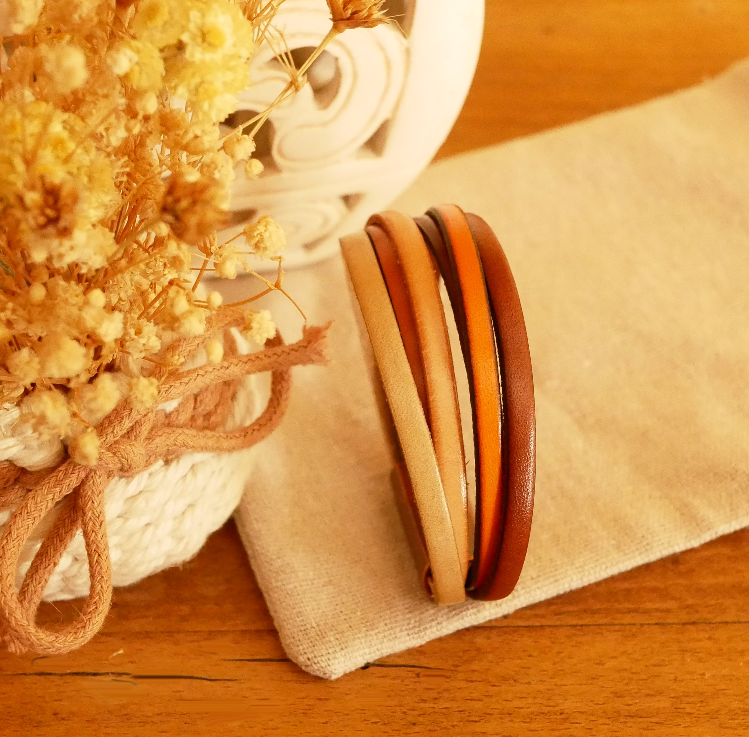 Ochre-colored multi-leather cuff bracelet