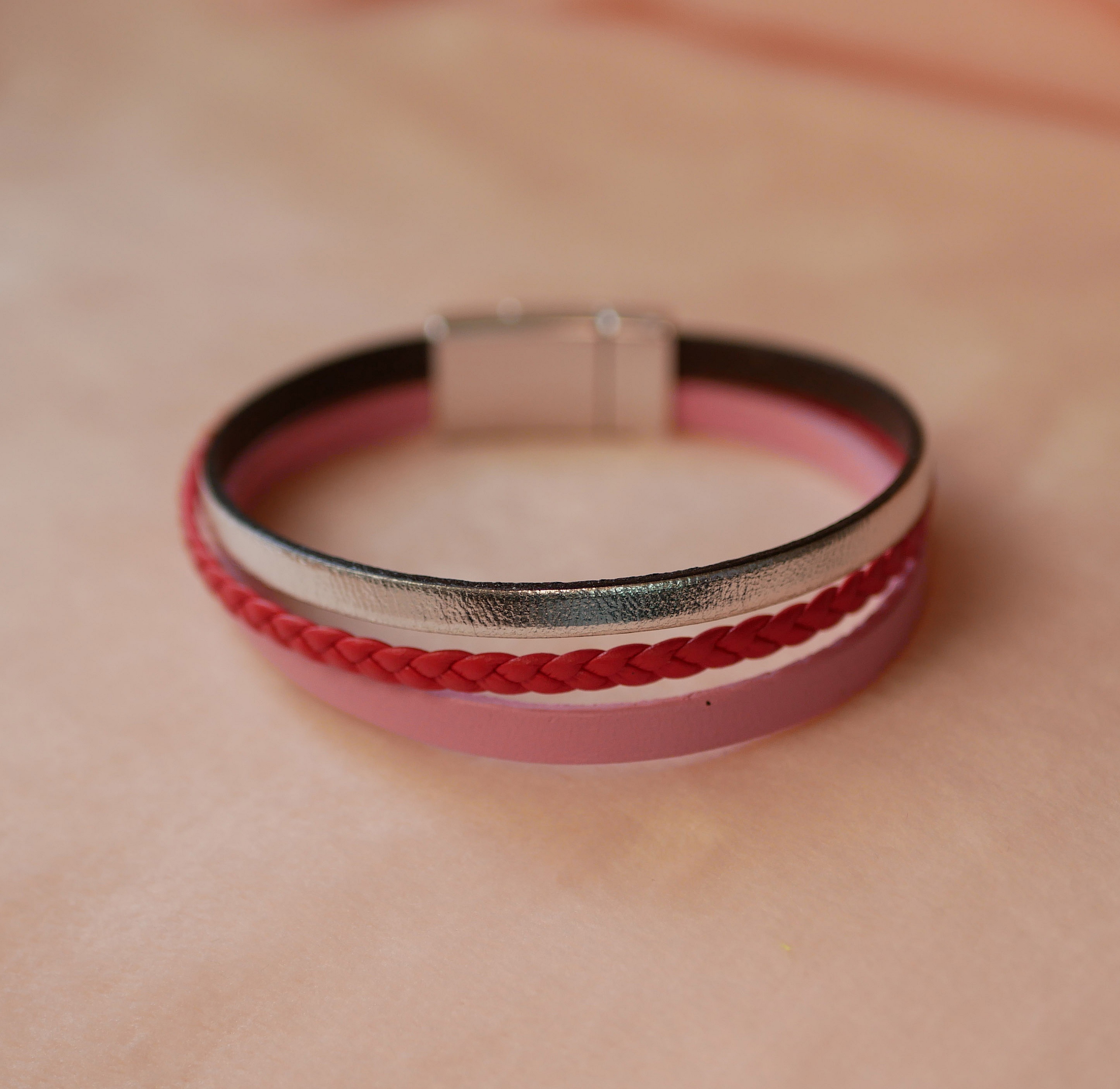 Coral red braided multi-leather cuff bracelet with silver and pink leather