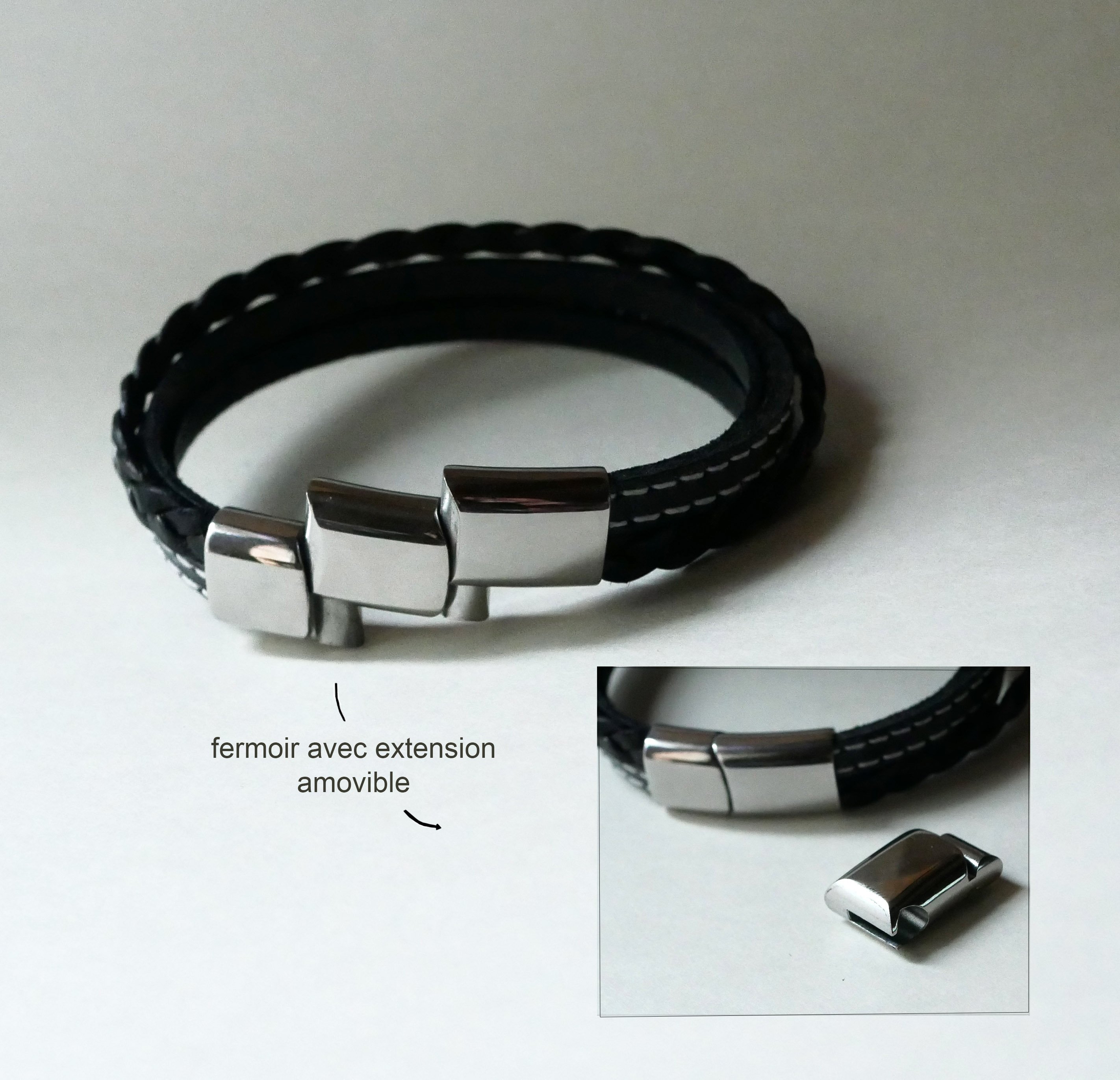 Men's black multi-leather cuff bracelet