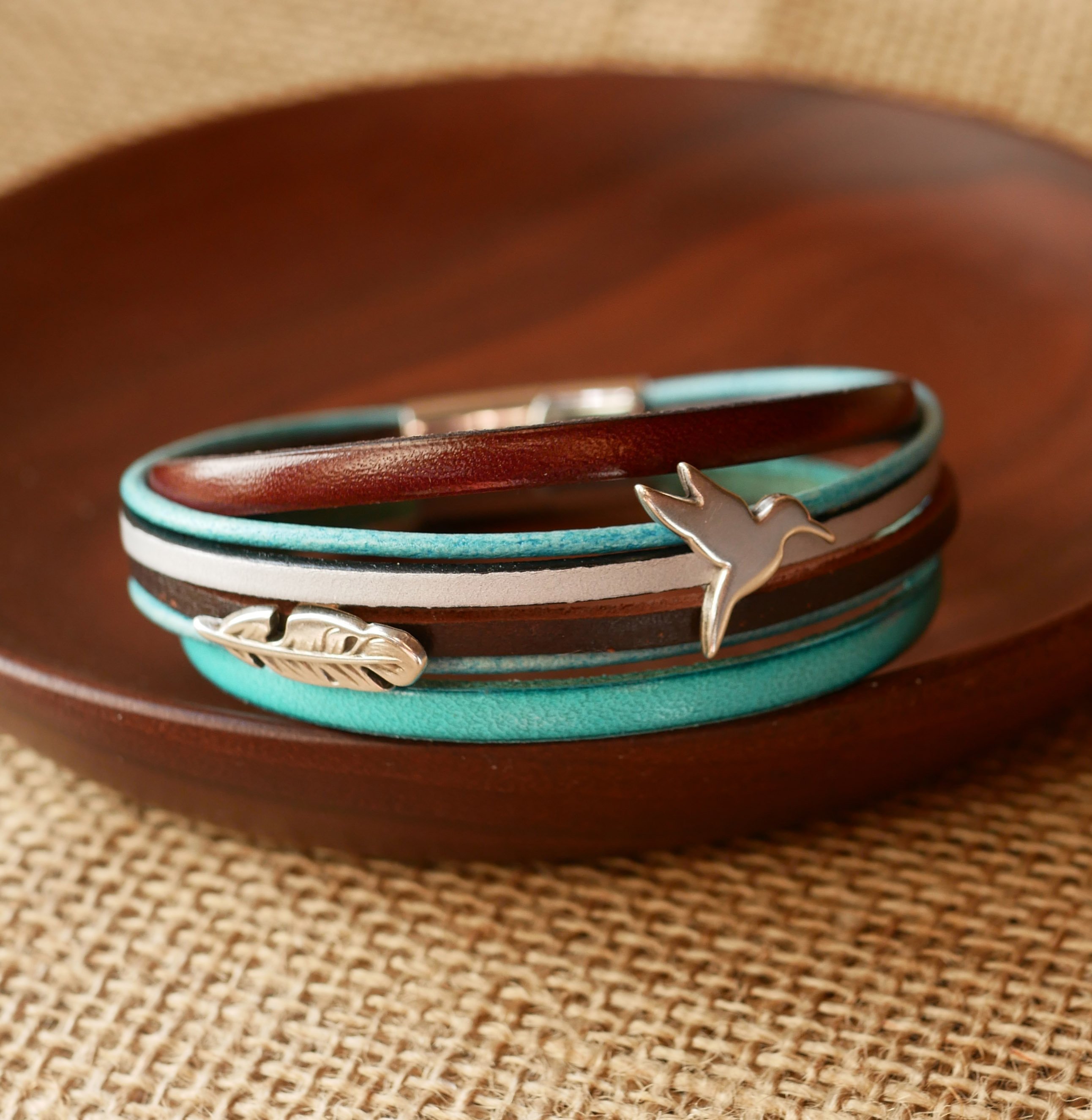 Turquoise and brown multi-leather cuff bracelet with 2 silver-plated loops