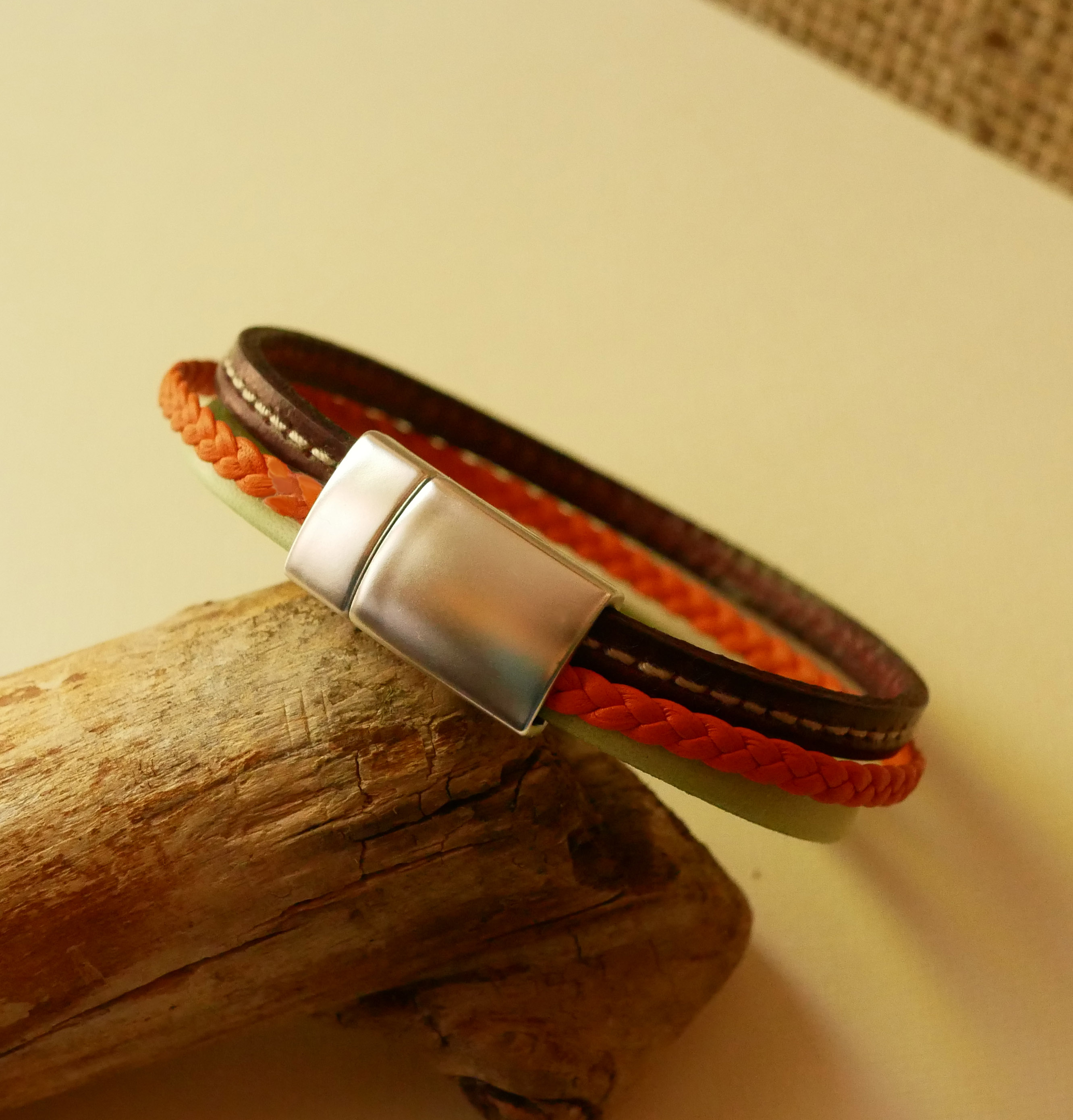 White and Coral multi-leather braided cuff bracelet