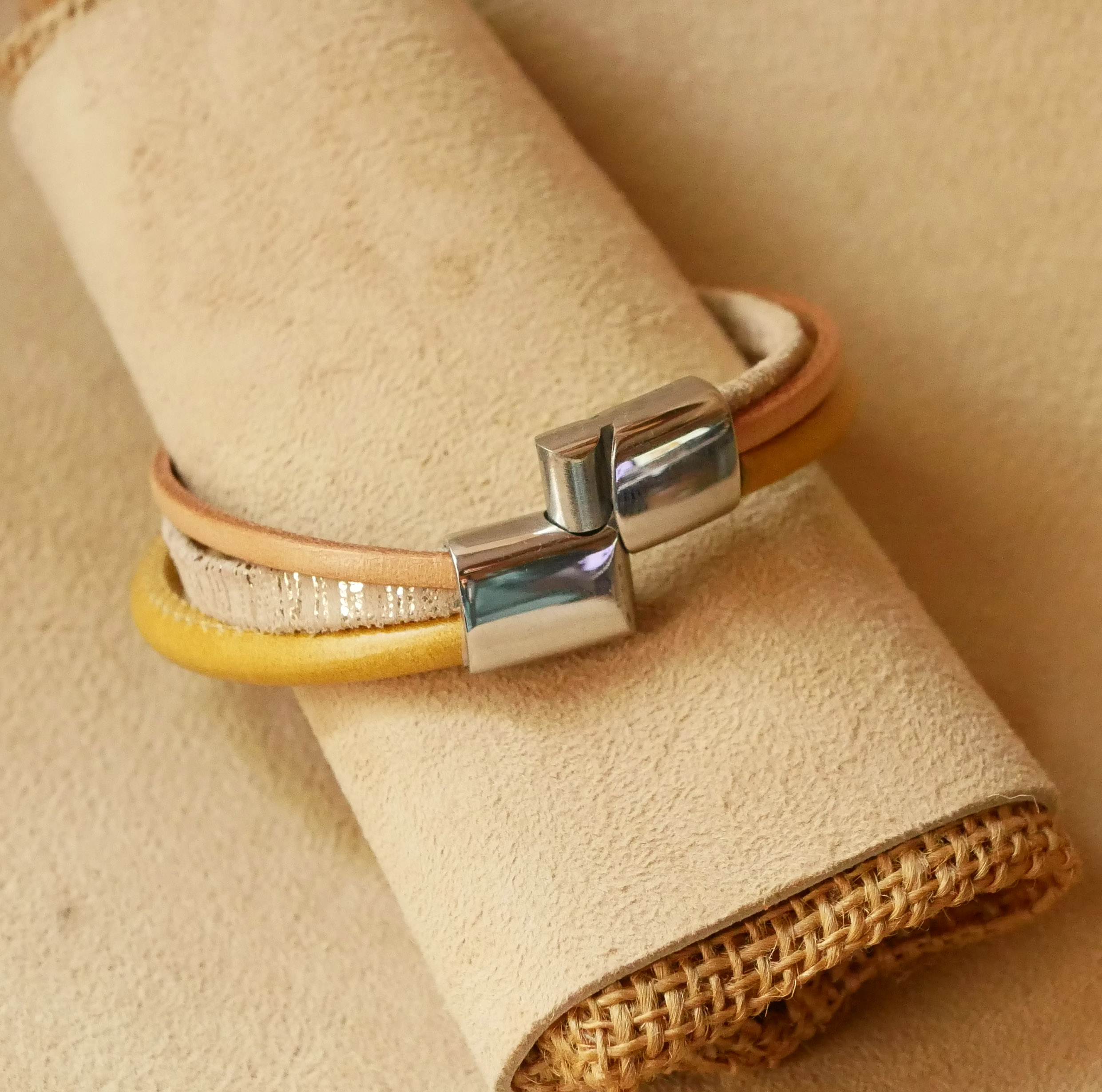 Beige and Gold multi-leather cuff bracelet