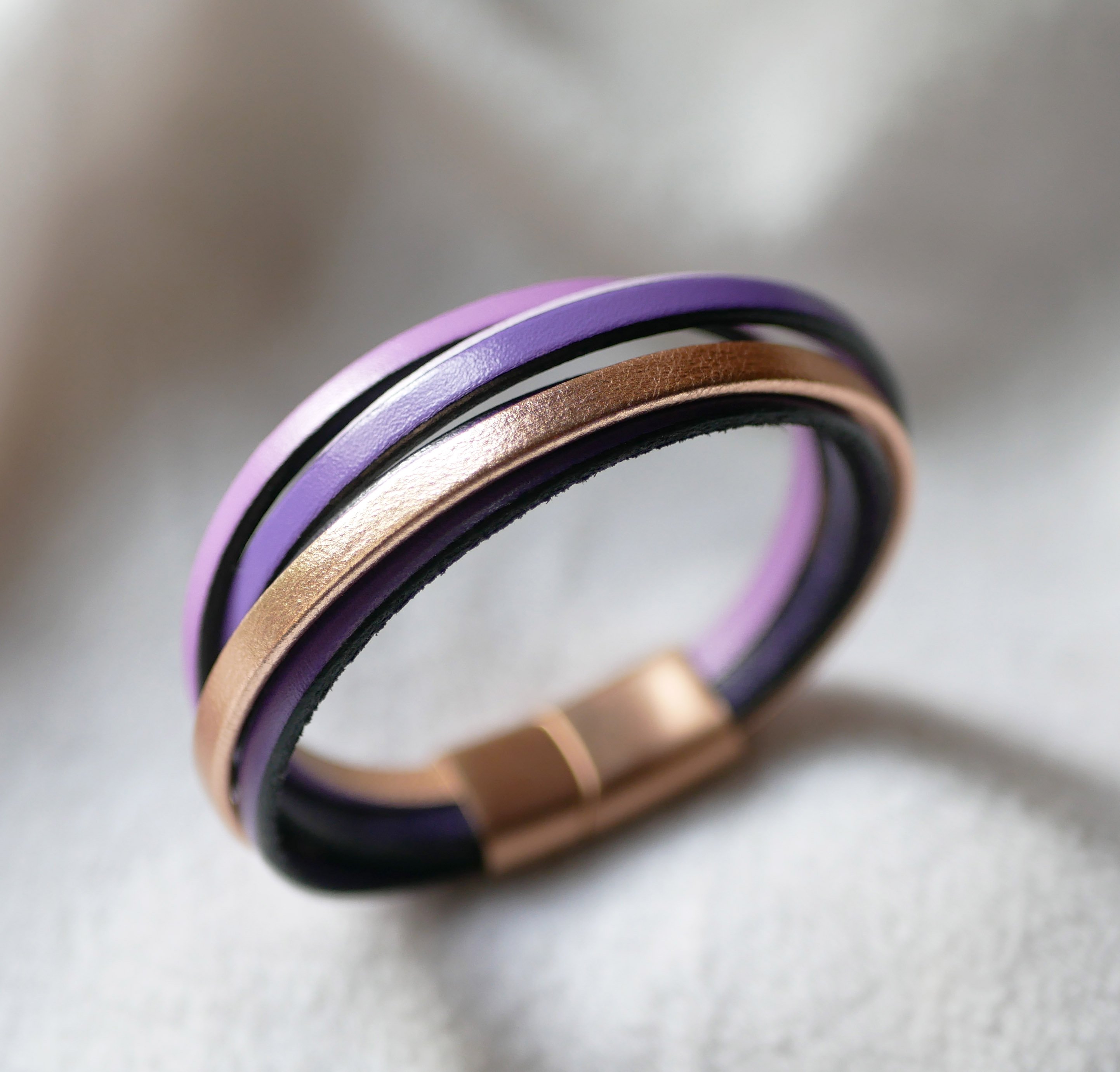 Purple &amp; rose gold multi-leather cuff bracelet