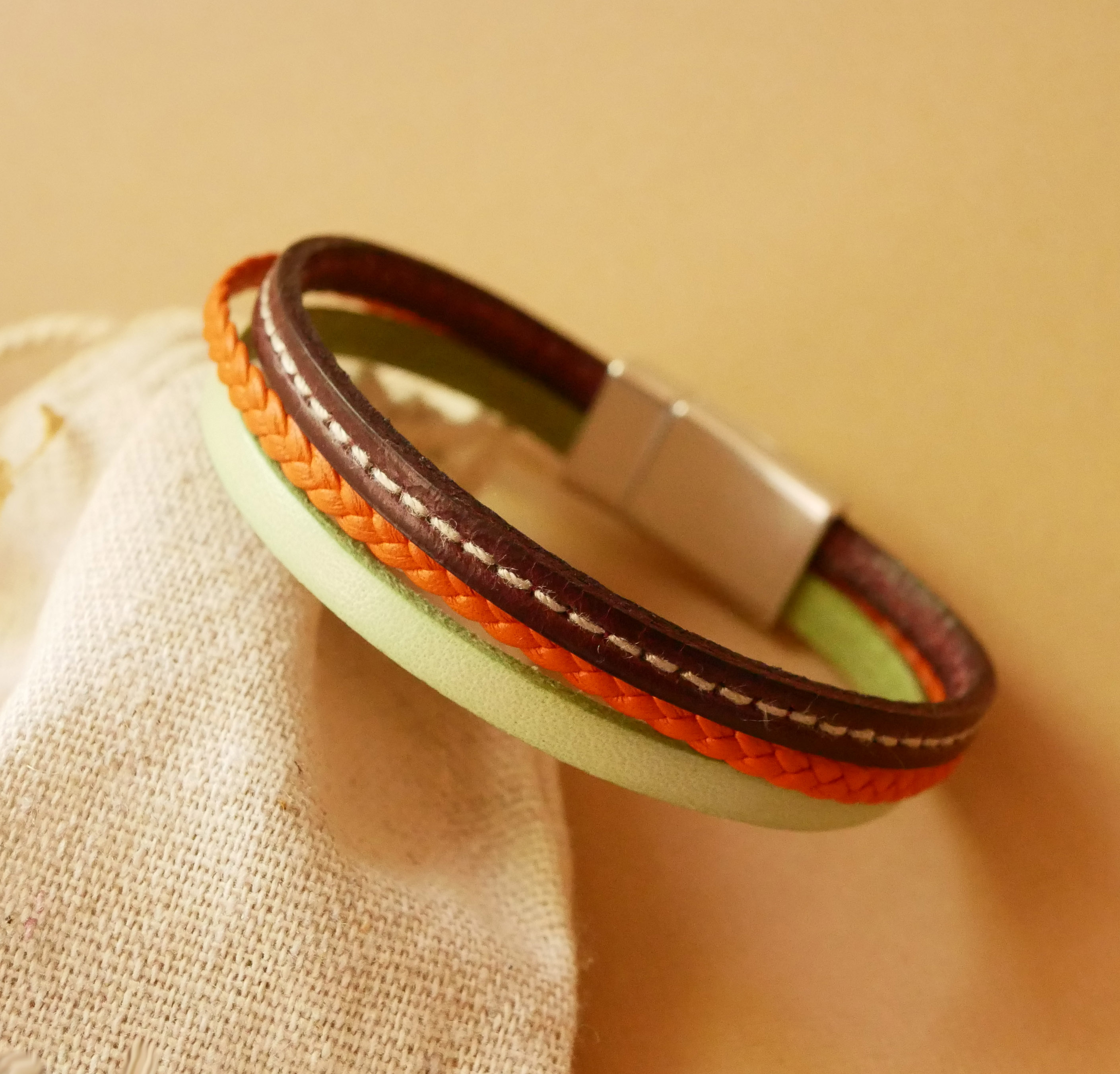 Multi-leather cuff bracelet Almond, braided Orange and stitched Bordeaux