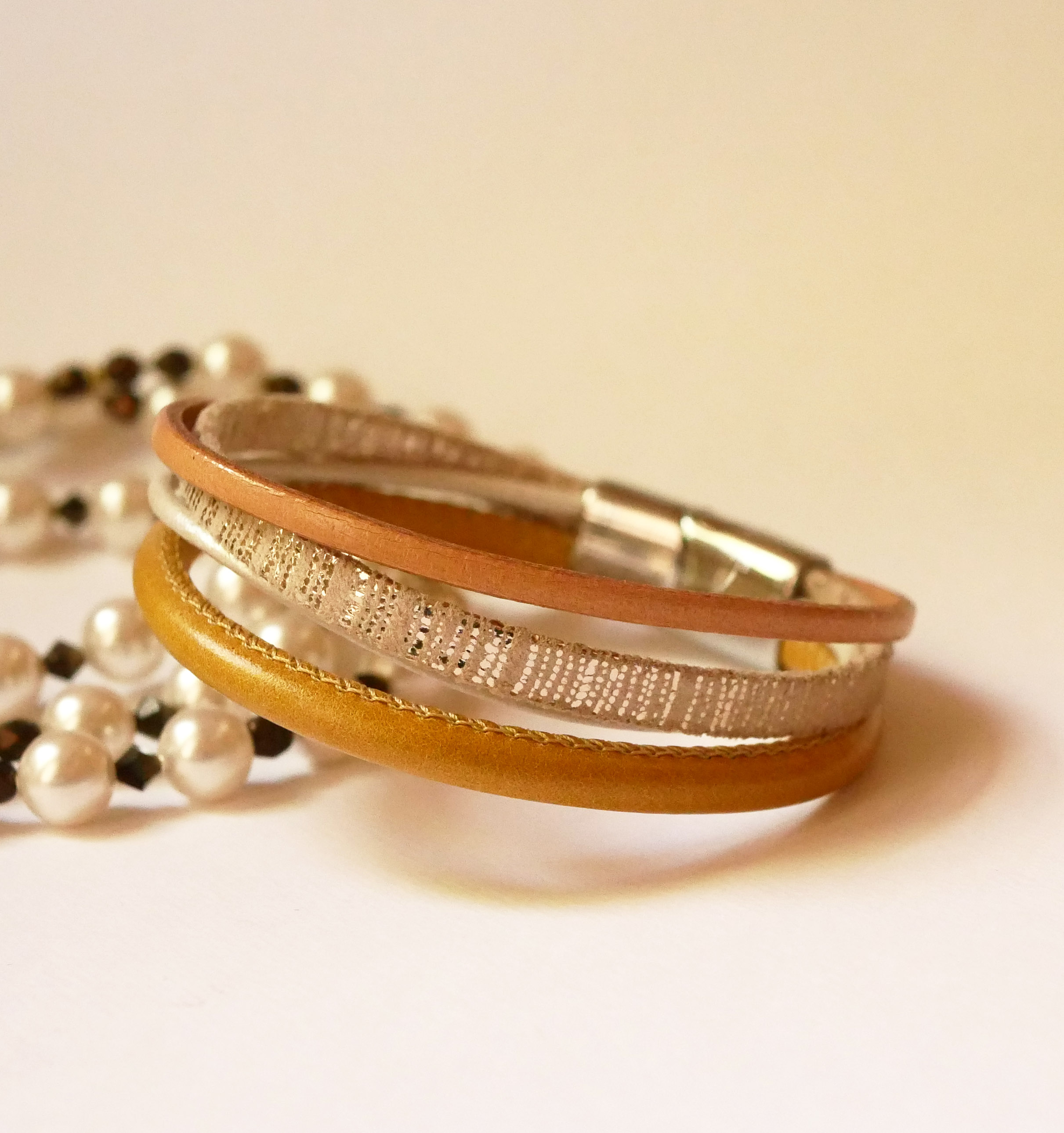 Beige and Gold multi-leather cuff bracelet