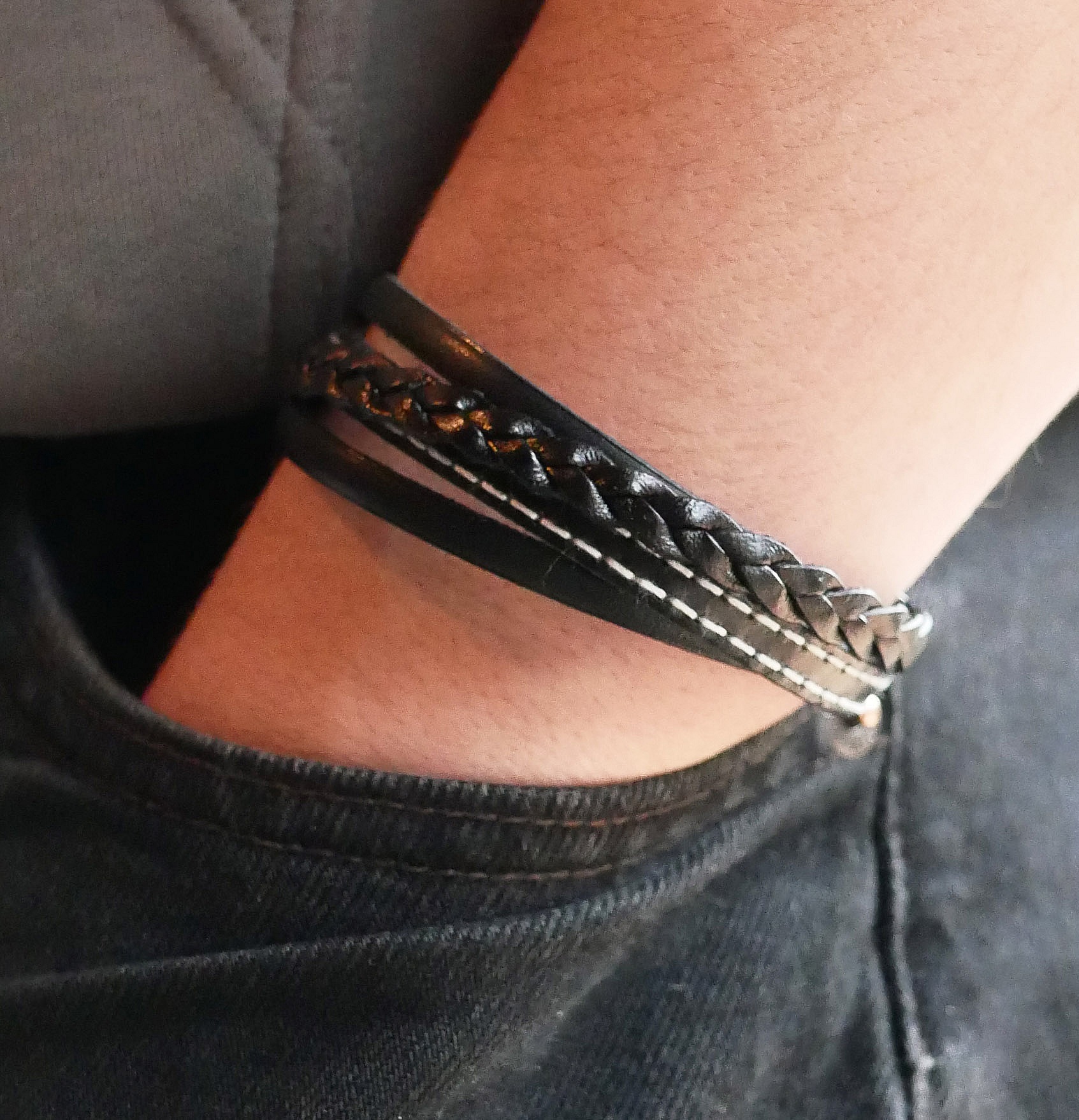 Men's black multi-leather cuff bracelet