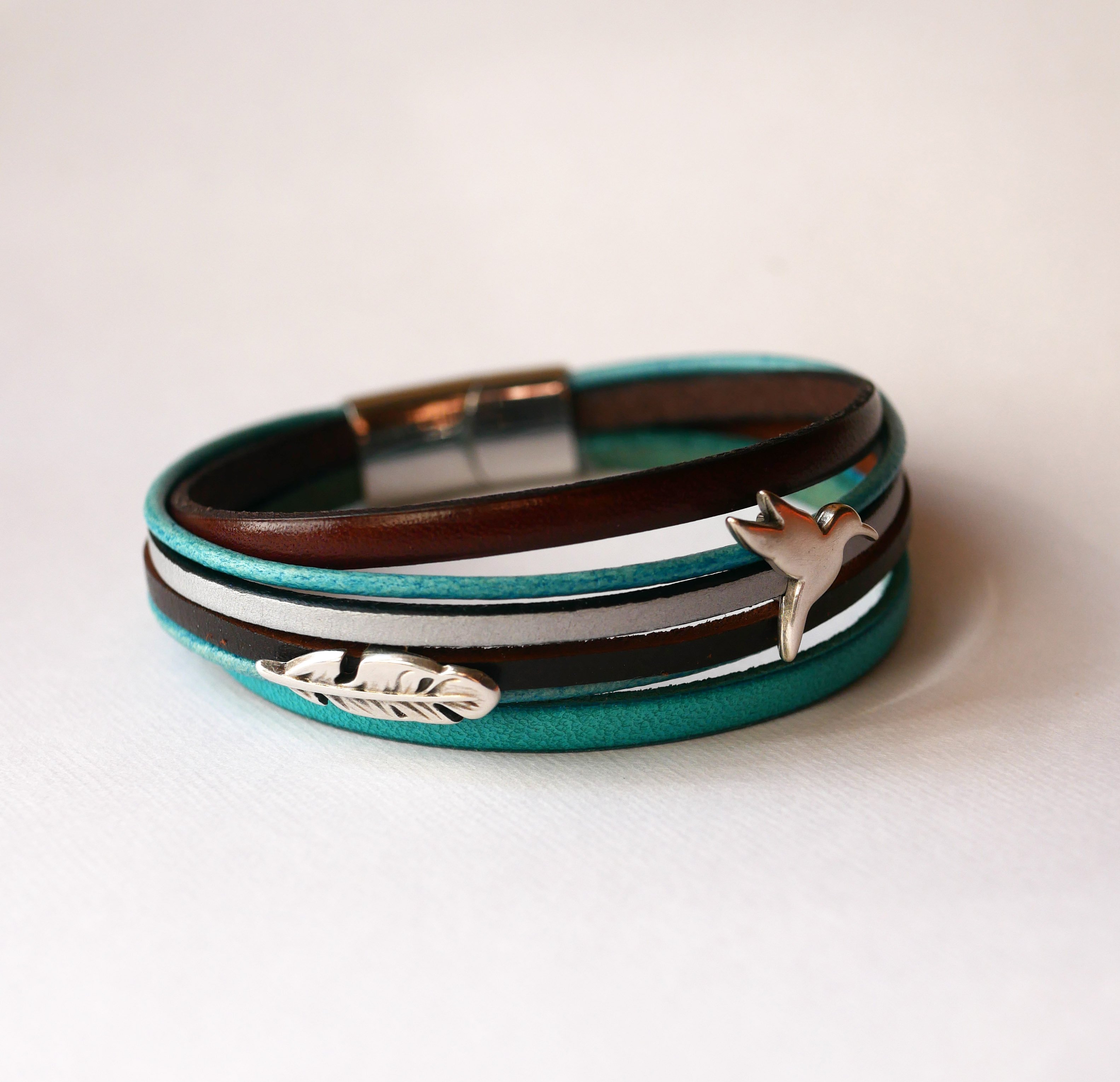 Turquoise and brown multi-leather cuff bracelet with 2 silver-plated loops