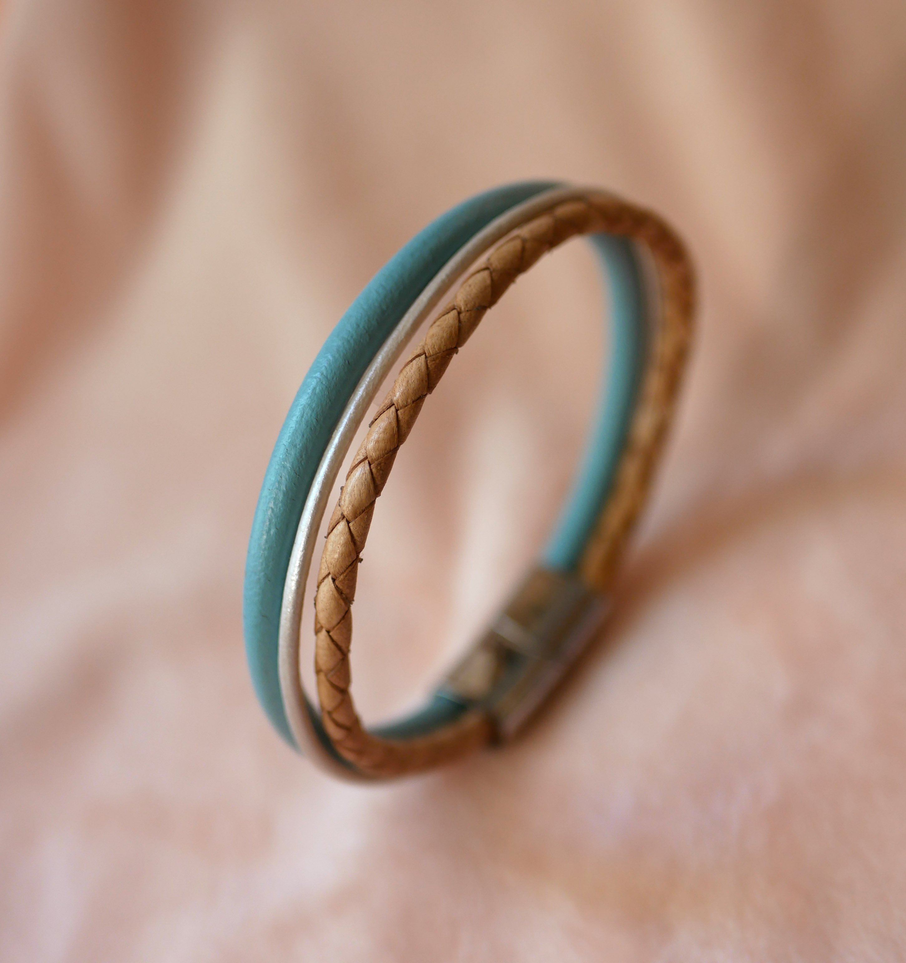 Beige and Turquoise multi-leather cuff bracelet