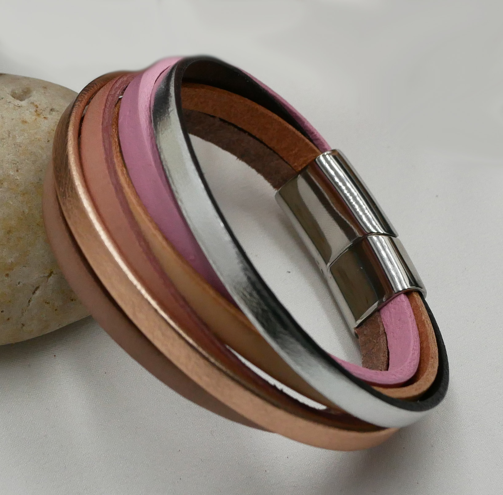 Multi-leather cuff bracelet, peach copper color