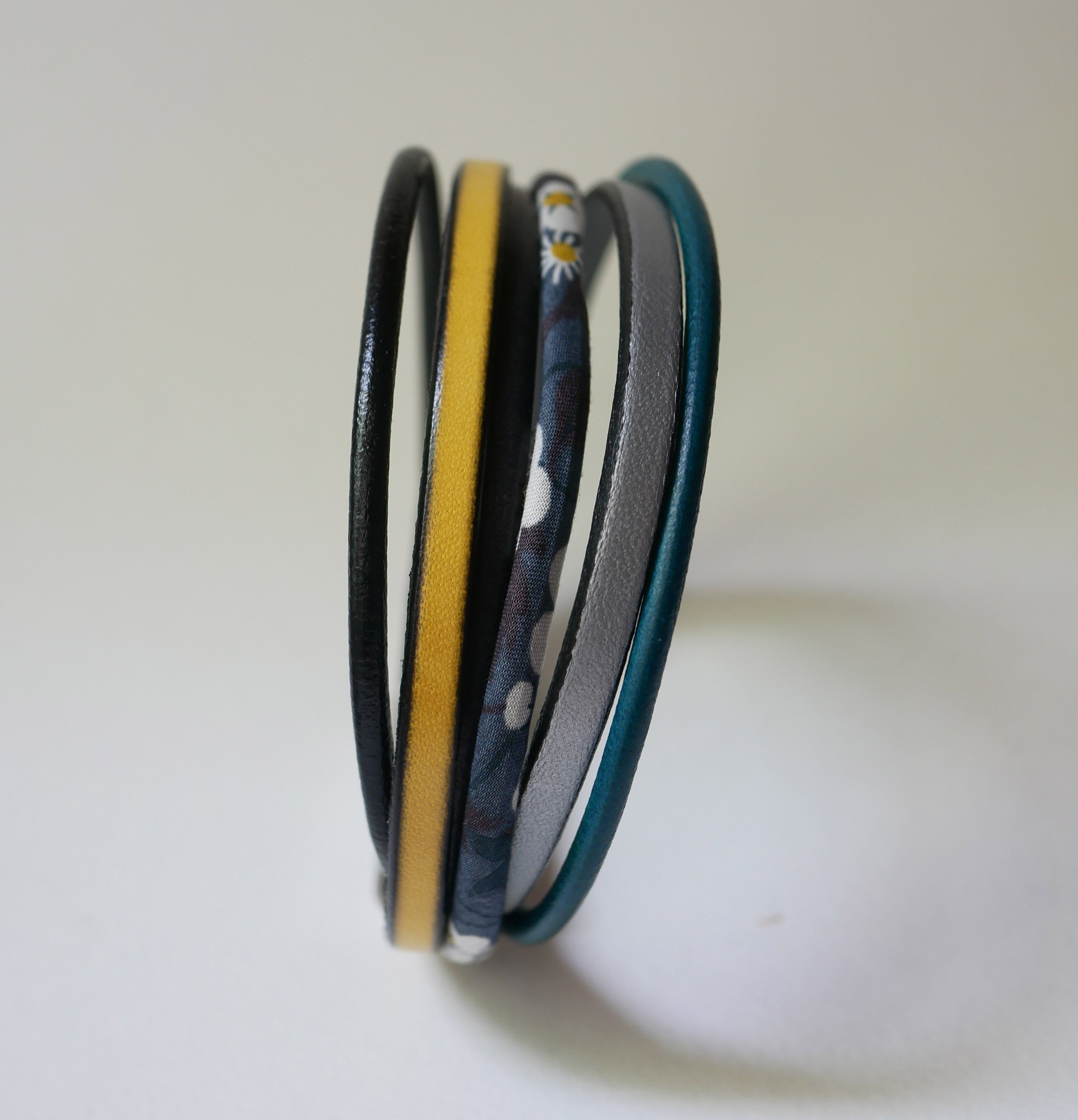 Multi-row leather and anthracite grey Liberty cord cuff bracelet