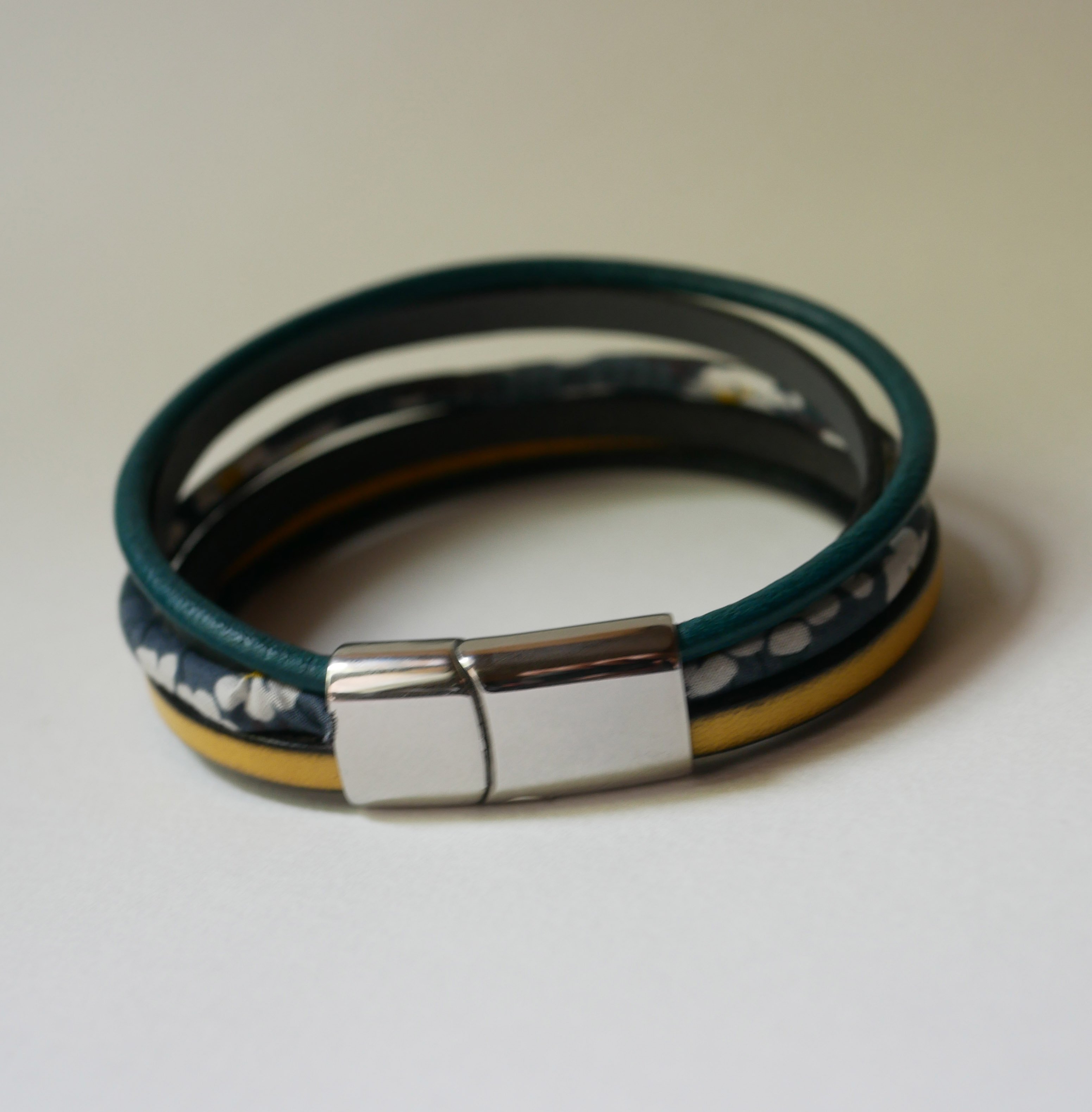 Multi-row leather and anthracite grey Liberty cord cuff bracelet