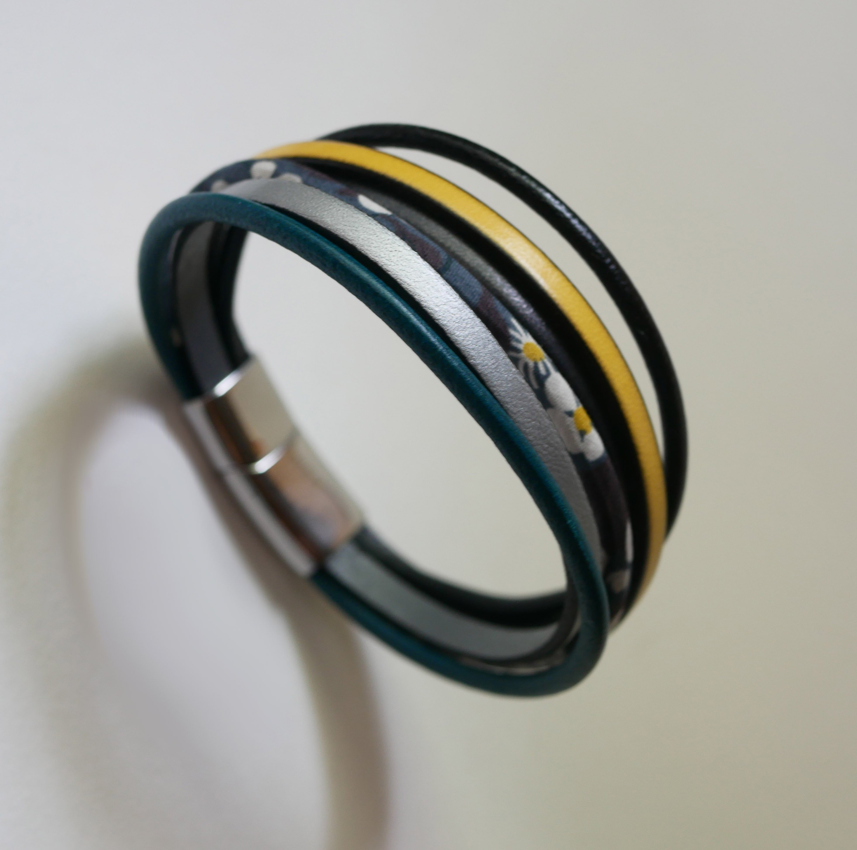 Multi-row leather and anthracite grey Liberty cord cuff bracelet