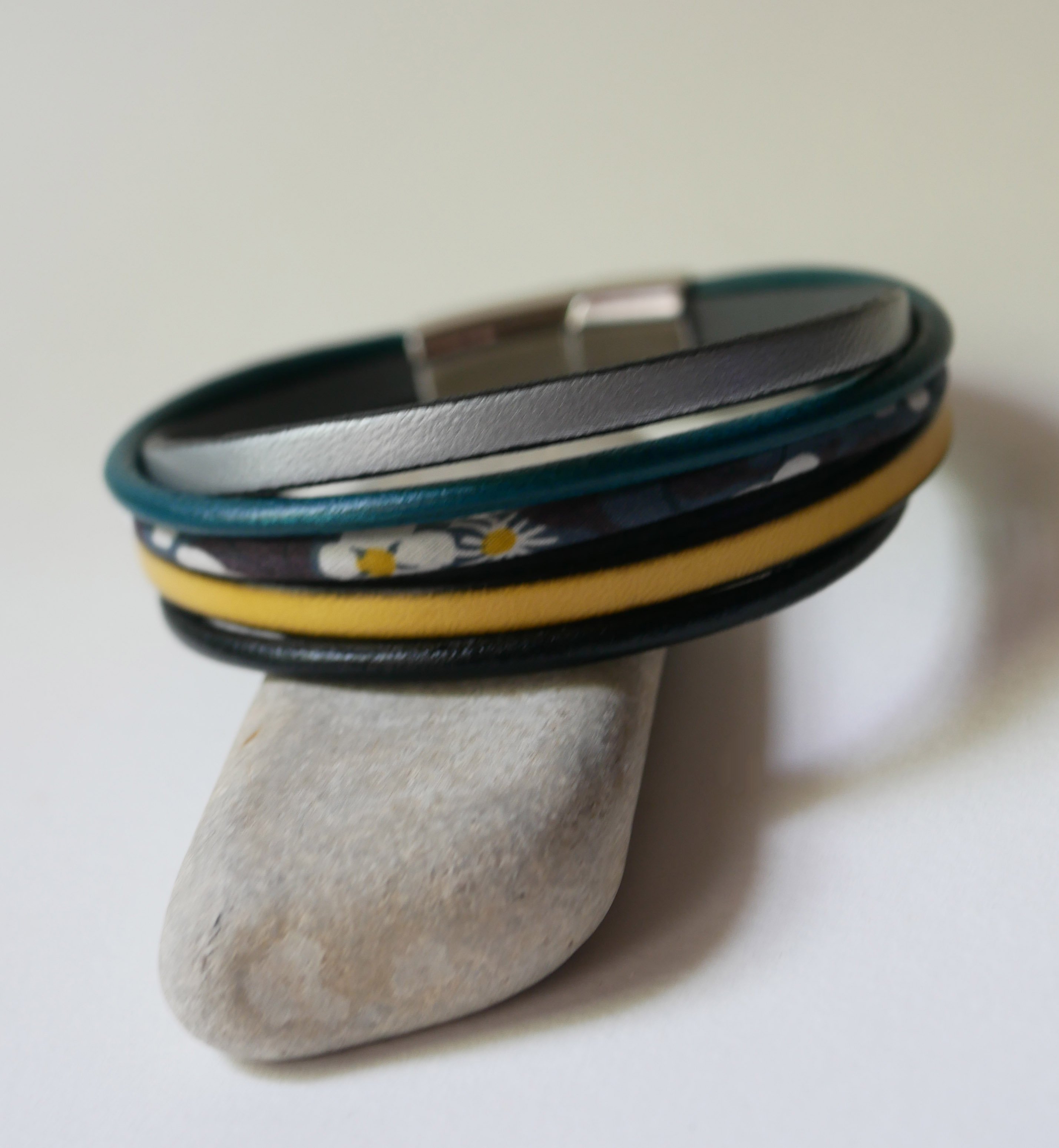 Multi-row leather and anthracite grey Liberty cord cuff bracelet