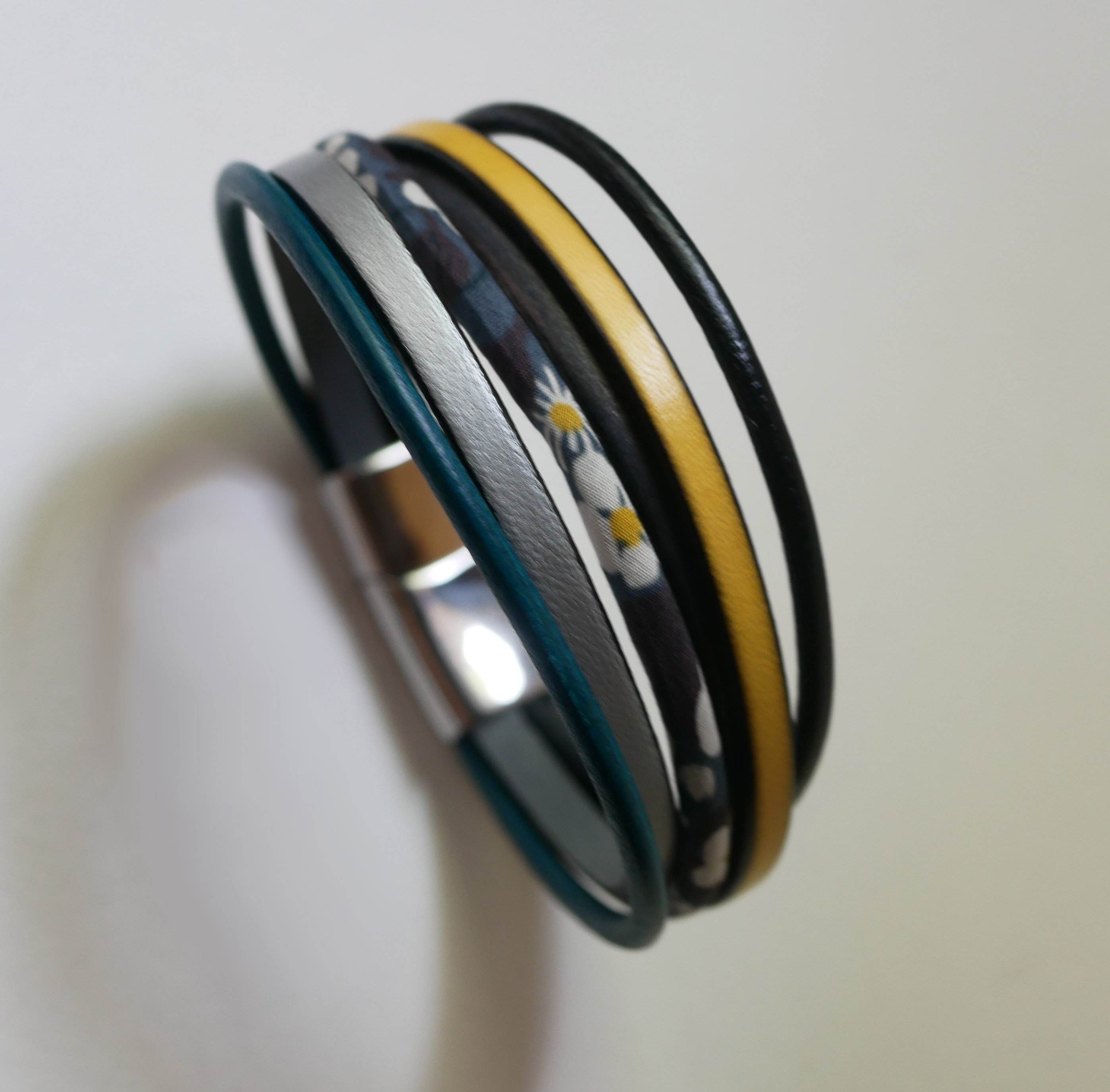 Multi-row leather and anthracite grey Liberty cord cuff bracelet