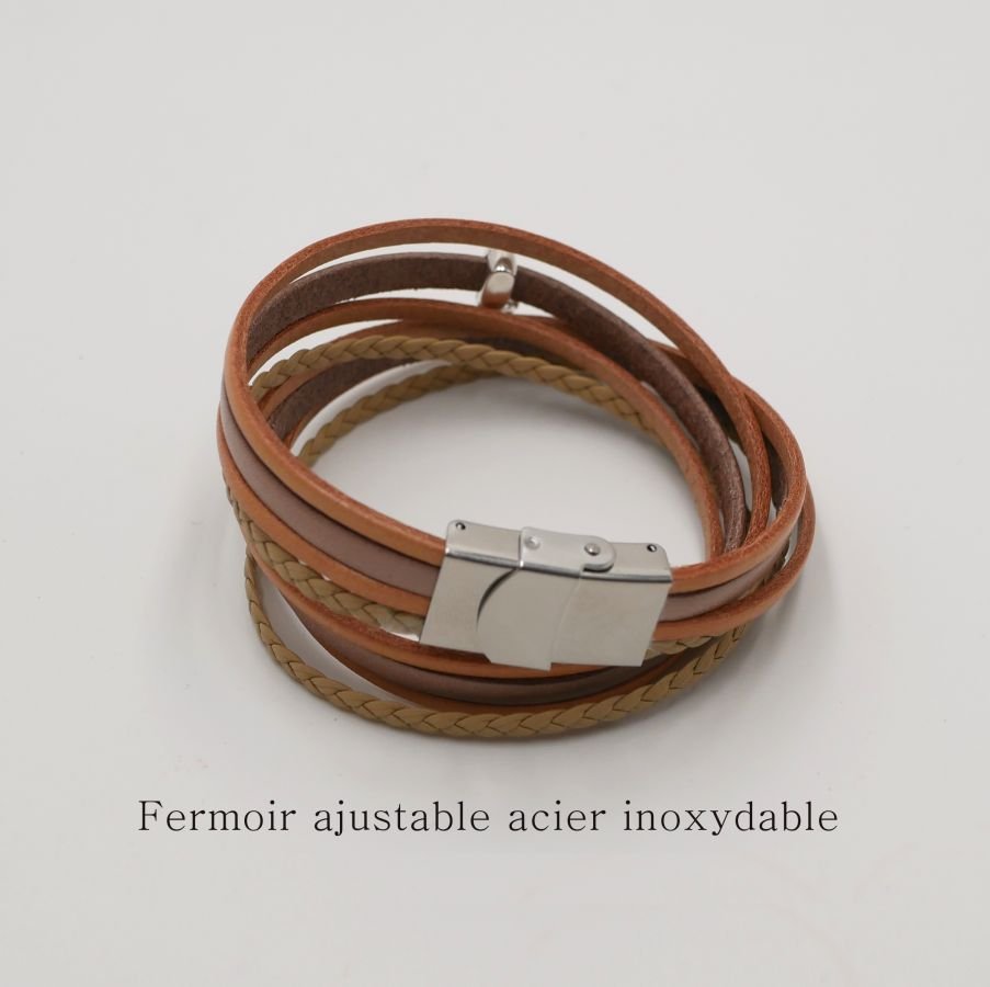 Multi leather bracelet pendant beige tones customizable 